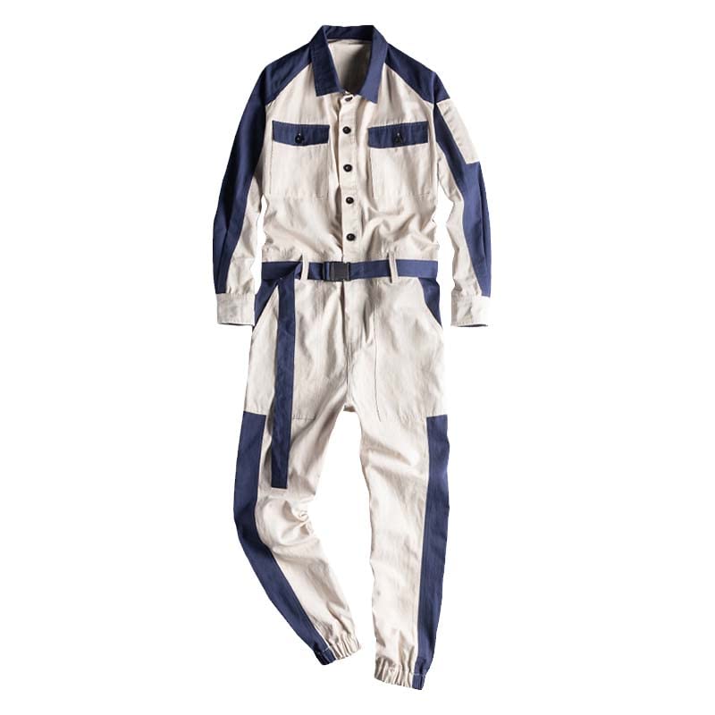 Men's Beige Contrast Color Joggers with Belt - Long Sleeve Patchwork Overalls Coveralls | Casual Workwear & Outdoor Activities