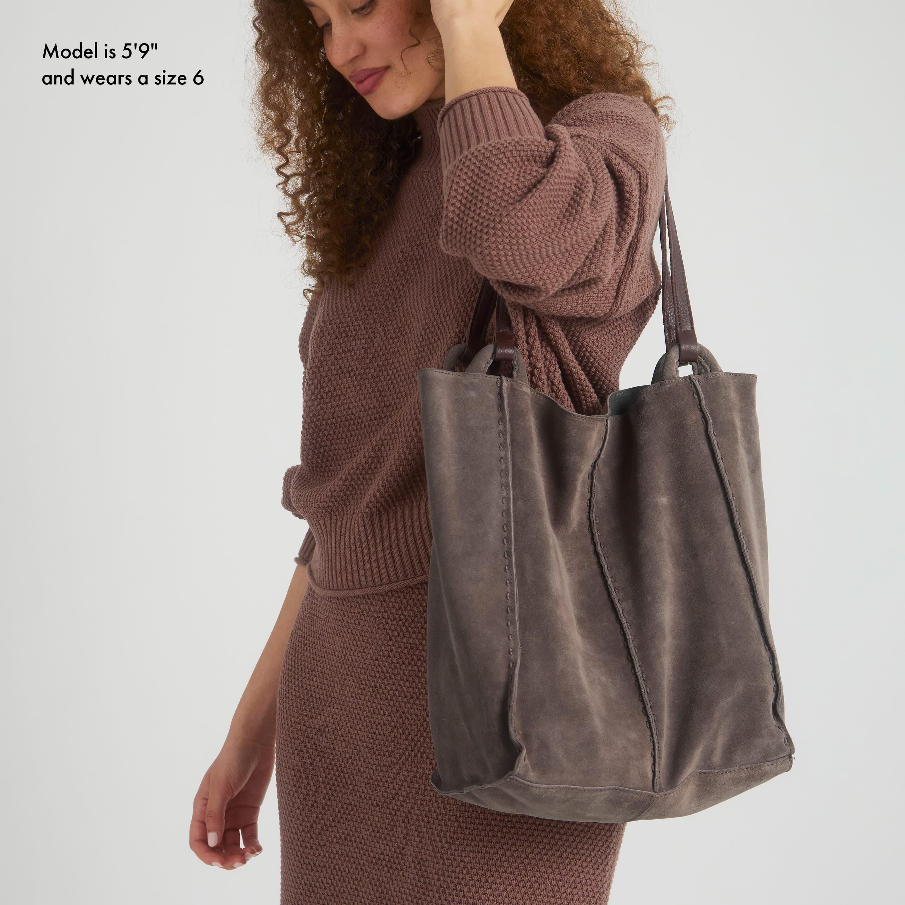 Premium Los Feliz Tall Leather Tote Bag in Mushroom Suede - Stylish & Spacious Handbag for Work, Travel & Everyday Use