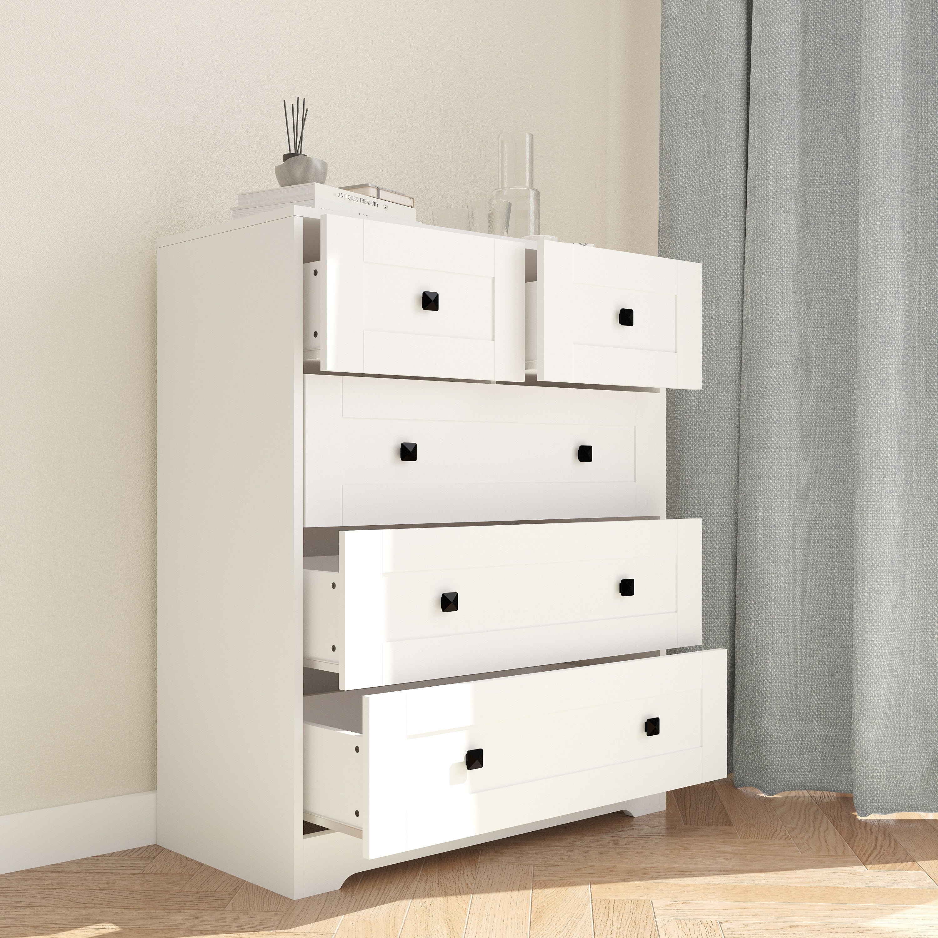 5-Drawer White Farmhouse Chest of Drawers - Perfect for Bedroom Storage & Rustic Home Decor
