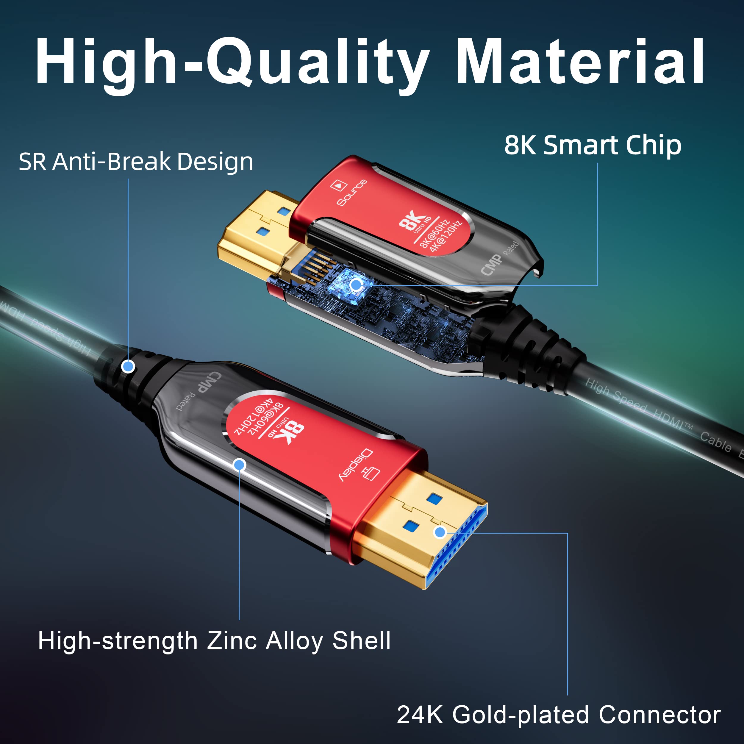 50Ft Plenum Rated HDMI Cable (CMP) - 8K 48Gbps Fiber Optic Ultra High Speed HDMI 2.1 Cord - In-Wall Plenum-Rated for Pipes - Male to Male - Perfect for Home Theater, Gaming & Professional AV Installations (50Ft/15M-CMP)