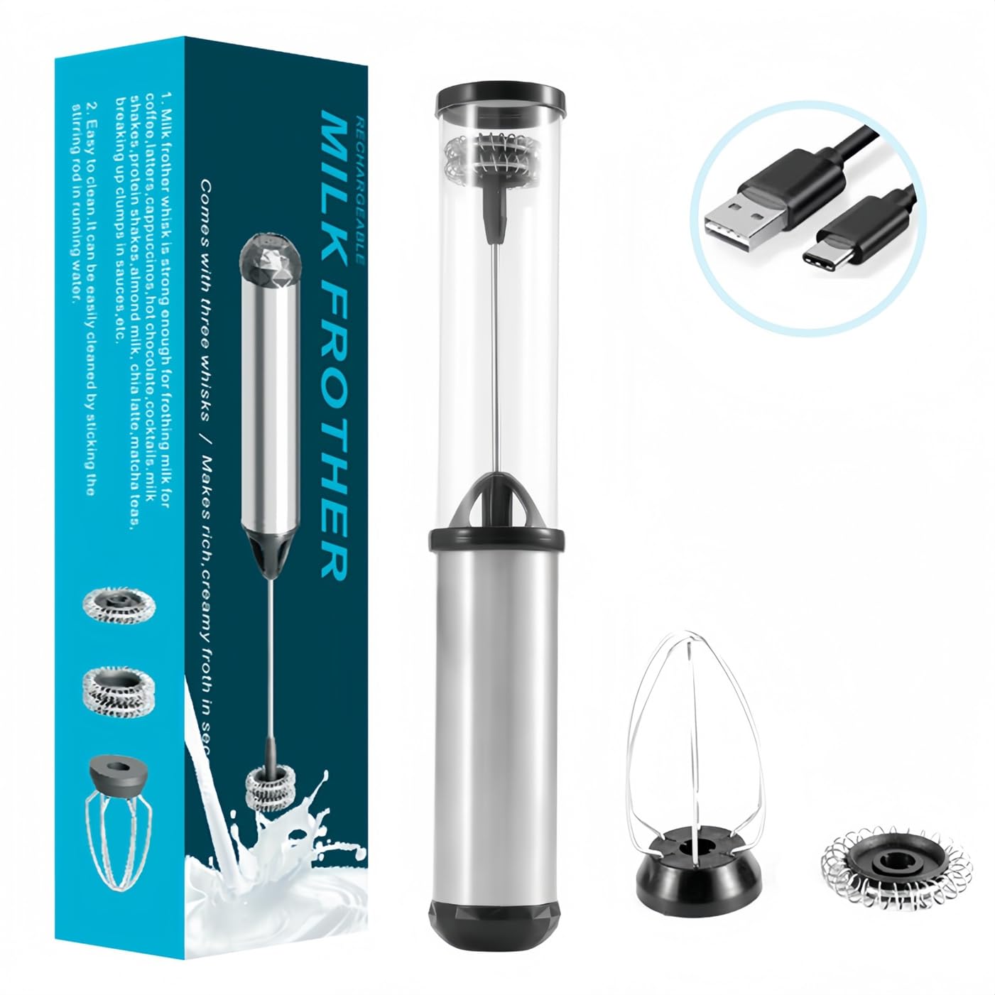Rechargeable Handheld Milk Frother - Electric Whisk & Frother Wand for Coffee, Matcha, Latte, Cappuccino | Perfect for Home, Office & Cafe Use