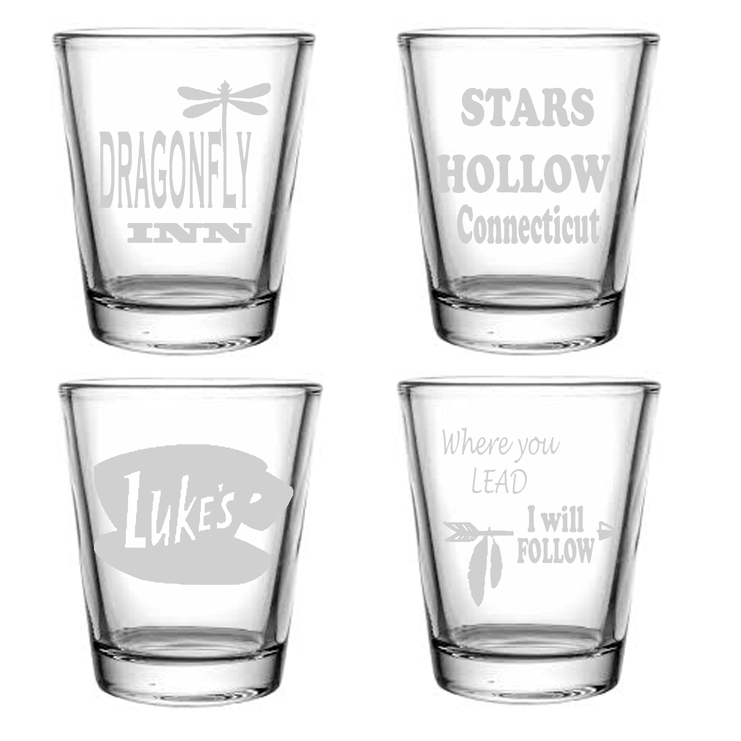 Gilmore Girls Inspired 4-Piece Shot Glass Set - Stars Hollow, Luke's Diner, Dragonfly Inn & 'Where You Lead' Engraved 1.5oz Glasses - Perfect for Gilmore Fans, Themed Parties & TV Show Collectibles