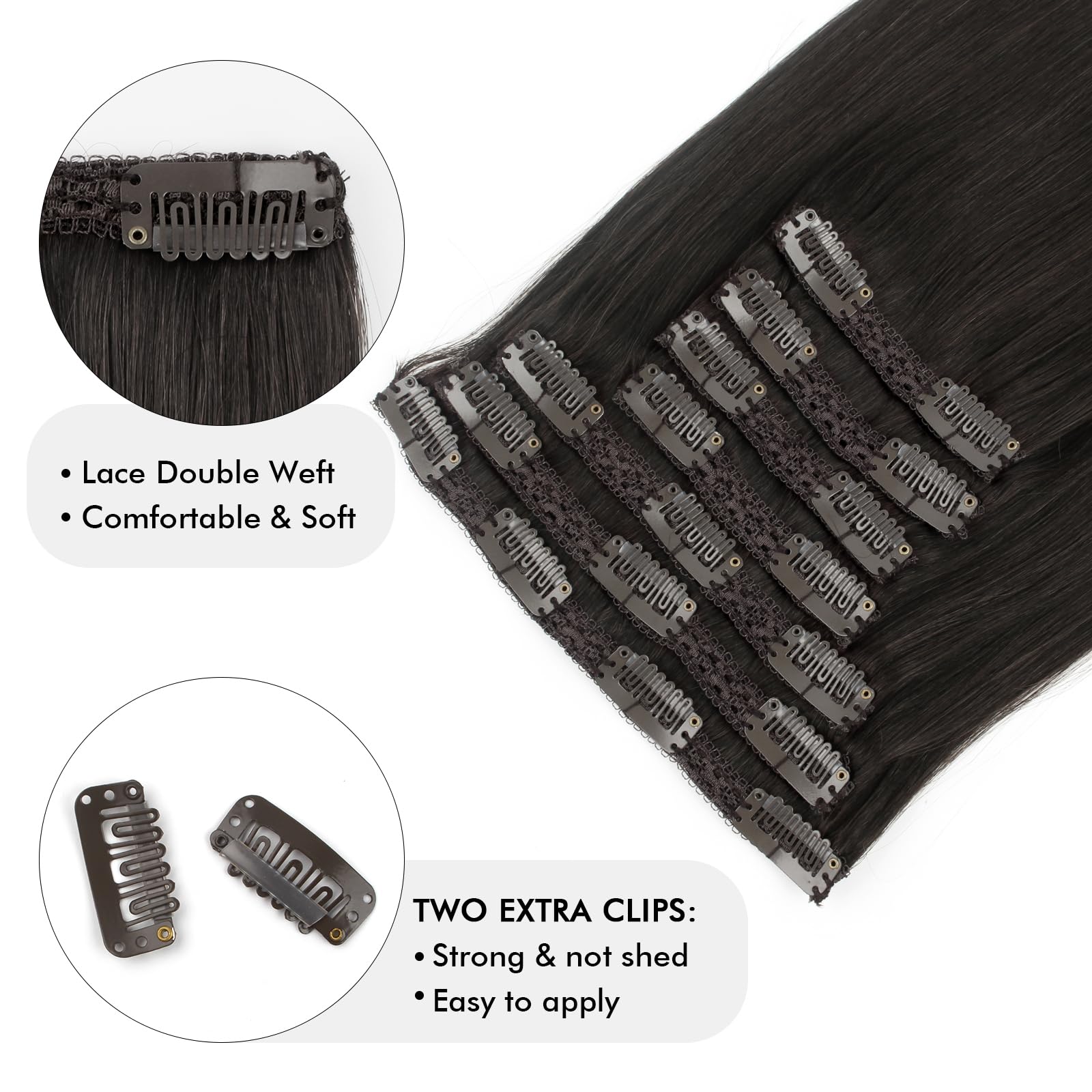Sixstar Remy Human Hair Clip-In Extensions 18 Inch 7-Piece Set (140g, Color 1B Off Black) - Natural Looking Hair Extensions for Volume & Length - Perfect for Parties, Weddings & Daily Styling