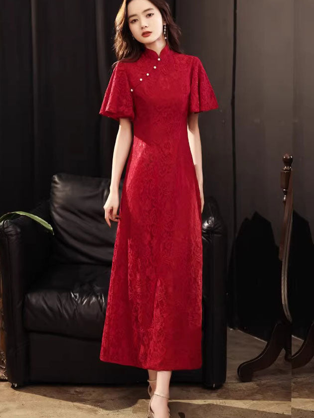 Elegant Red Lace A-Line Flutter Sleeve Cheongsam Qipao Wedding Dress for Brides & Bridesmaids | Perfect for Chinese Tea Ceremony, Engagement Party & Cultural Events