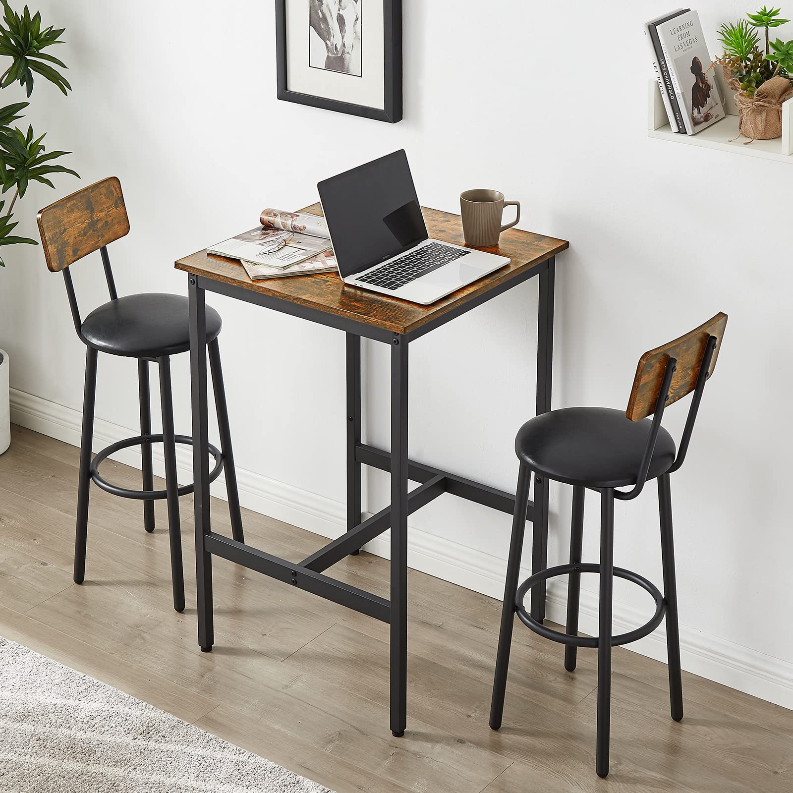 3-Piece Bar Table and Chairs Set for Small Spaces - Square Bistro Table with 2 PU Stools, Compact Breakfast Nook Set with Footrest - Perfect for Kitchen, Dining Room, Patio or Apartment Balcony (Brown)