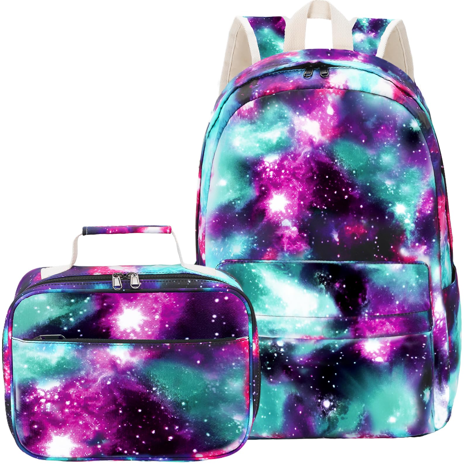 Lightweight School Backpack for Teen Girls & Women - Galaxy Green Bookbag with Lunch Box Set | Durable Daypack for School, College, Travel & Daily Use