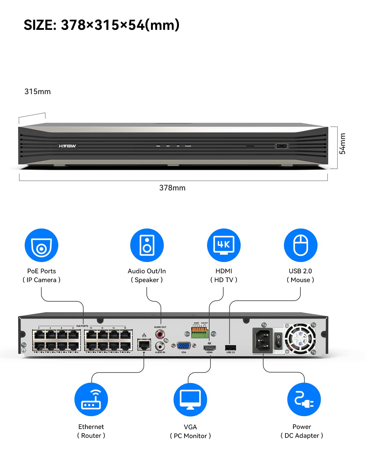 H.VIEW 16 Channel 4K/8MP PoE NVR Security System - Supports 16 x 4K IP Cameras, 16-Port PoE Switch, Up to 2x10TB HDD (Not Included) - Ideal for Home Security, Business Surveillance & 24/7 Monitoring