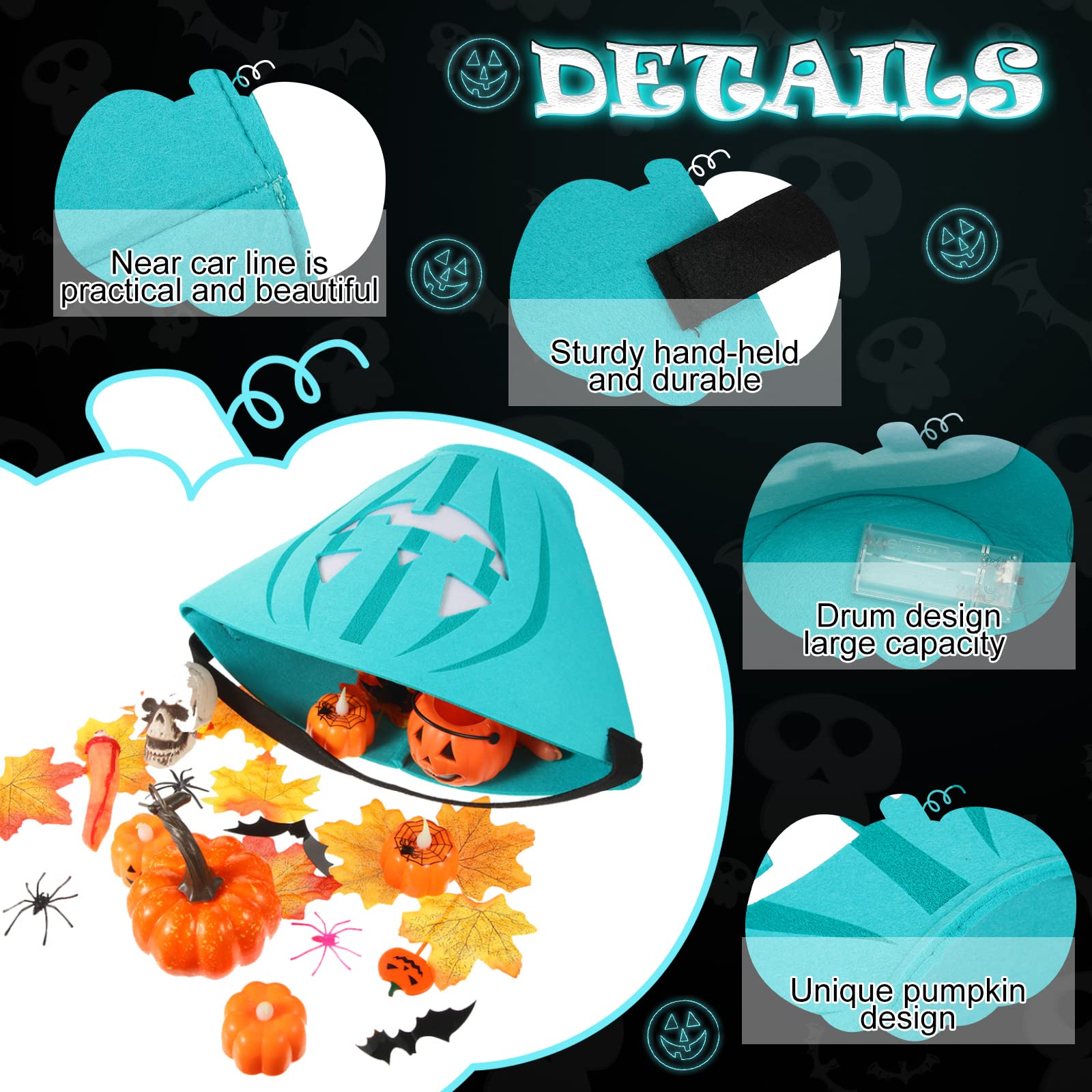 2 Pack LED Light Halloween Bucket - Pumpkin Felt Candy Basket with Jack O'Lantern Design for Trick or Treat, Halloween Party Favors & Home Decor