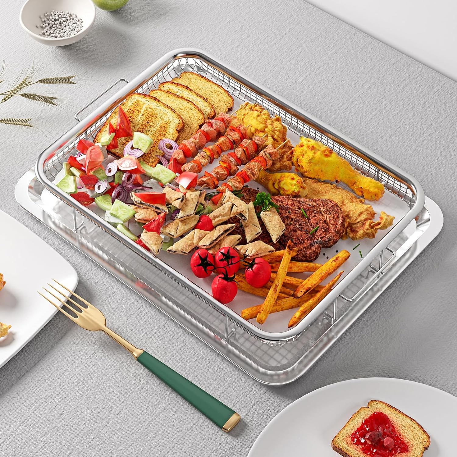 **OPENICE 2-Piece Stainless Steel Air Fryer Basket & Tray Set – Large & Small Size for Oven, Perfect for Crisping Chicken, Bacon, Fries & More – Ideal for Healthy Cooking & Quick Meals**