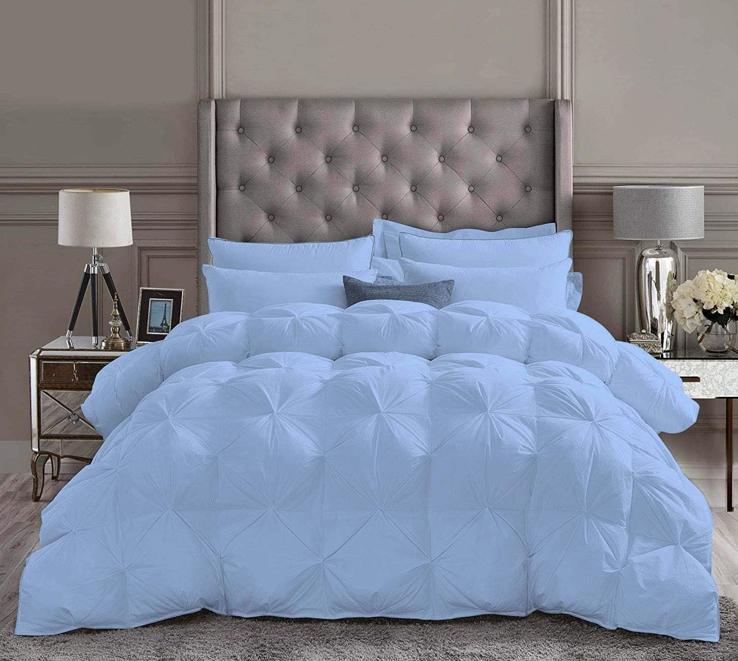 Luxury 500 GSM Sky Blue 5-Piece Pinch Pleated Oversized King Size Comforter Set (Comforter + 4 Pillow Shams) - 1000 Series Premium Egyptian Cotton Bedding - Perfect for Master Bedroom, Guest Room & Hotel Decor