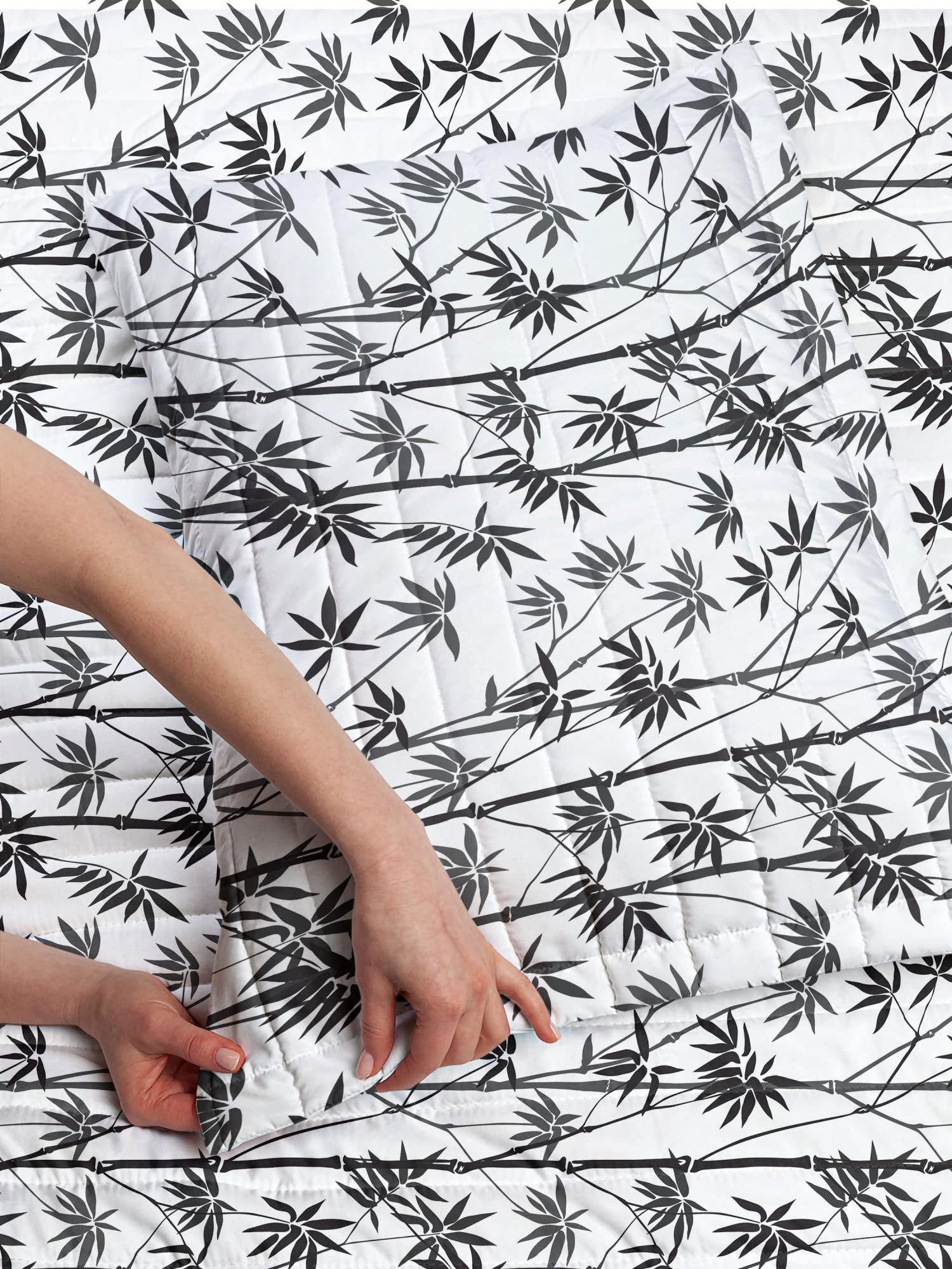 Lunarable Asian Print Microfiber Bedspread Set - Monochrome Exotic Trees Floral Garden Japanese Nature Design, Soft Twin Size Bedding with Pillow Shams & Comforter in White Black Grey | Perfect for Boho Chic, Zen Bedroom Decor & Asian-Inspired Home Styling