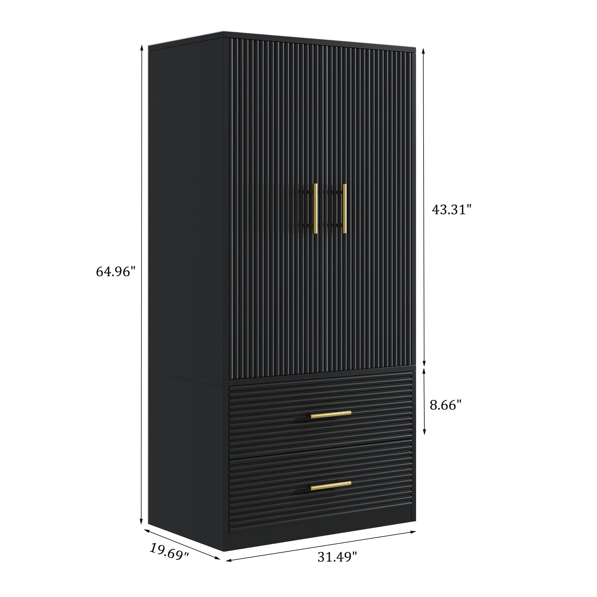 2-Door Freestanding Wardrobe Closet with Hanging Rod & 2 Drawers - Farmhouse Style Storage Cabinet for Bedroom, Black - Perfect for Small Spaces, Guest Rooms & Dorm Organization
