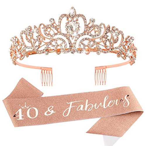 Rose Gold 40th Birthday Sash & Tiara Set for Women - 40 & Fabulous Birthday Crown Decorations - Perfect for Milestone Parties, Bachelorette Celebrations and Special Occasions