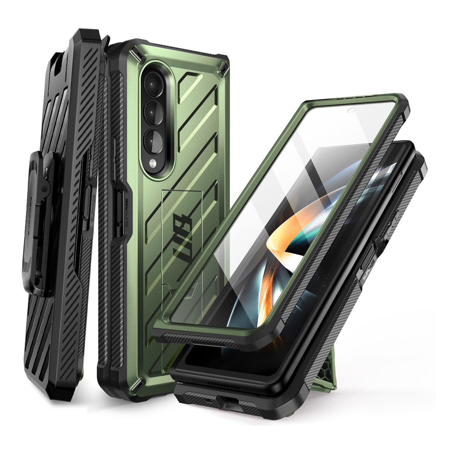Samsung Galaxy Z Fold 4 Case with Built-in Kickstand & Screen Protector - Dark Green Protective Cover for Work, Travel & Daily Use