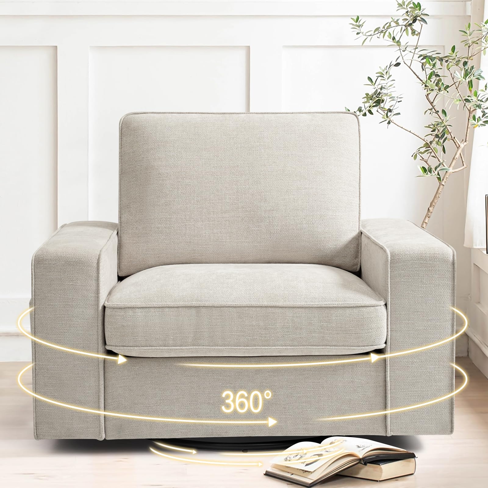 Comfy Swivel Accent Chair for Living Room - Soft & Breathable Padded Single Sofa Chair with Extra Wide Armrests, Washable Detachable Cover (Beige) - Perfect for Reading Nooks, Small Spaces & Home Offices
