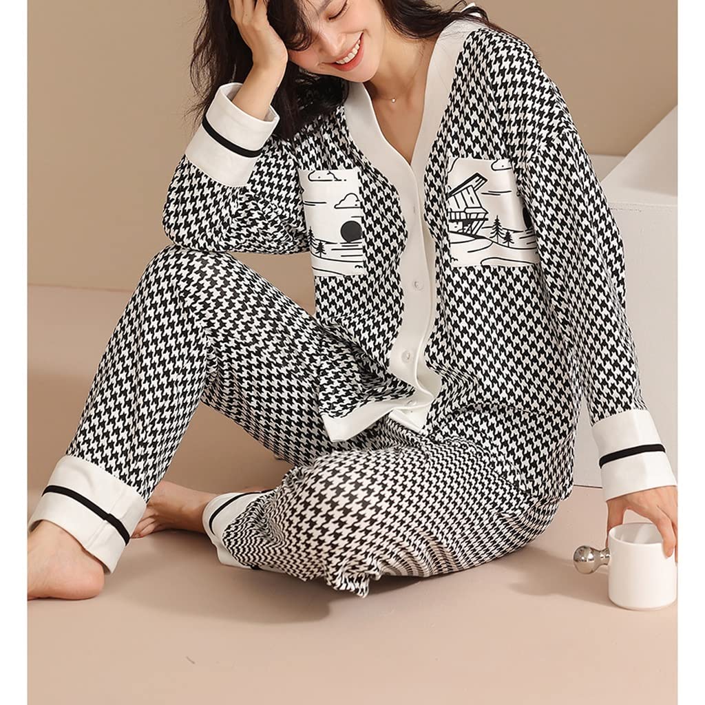 STRAW Women's Pajamas Set - Houndstooth Print Cotton Sleepwear, V-Neck Nightwear for Home & Lounge (Color: Black, Size: Medium) | Cozy Loungewear for Relaxing Evenings & Sleepovers