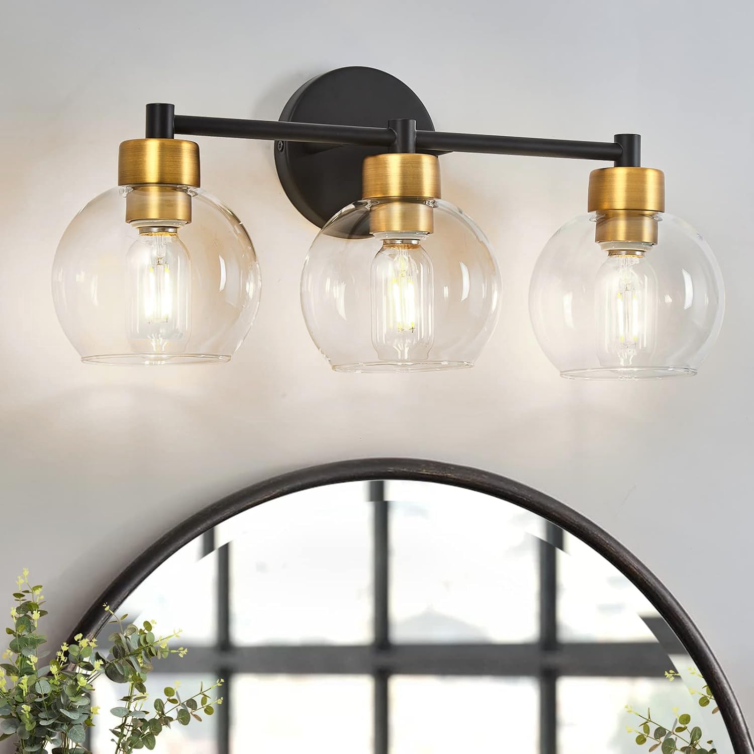 Black and Gold Bathroom Vanity Light Fixture - 3-Light Round Wall Sconce with Clear Glass Shades for Mirror, Bedroom, Living Room & Kitchen - Perfect for Modern Home Decor and Ambient Lighting