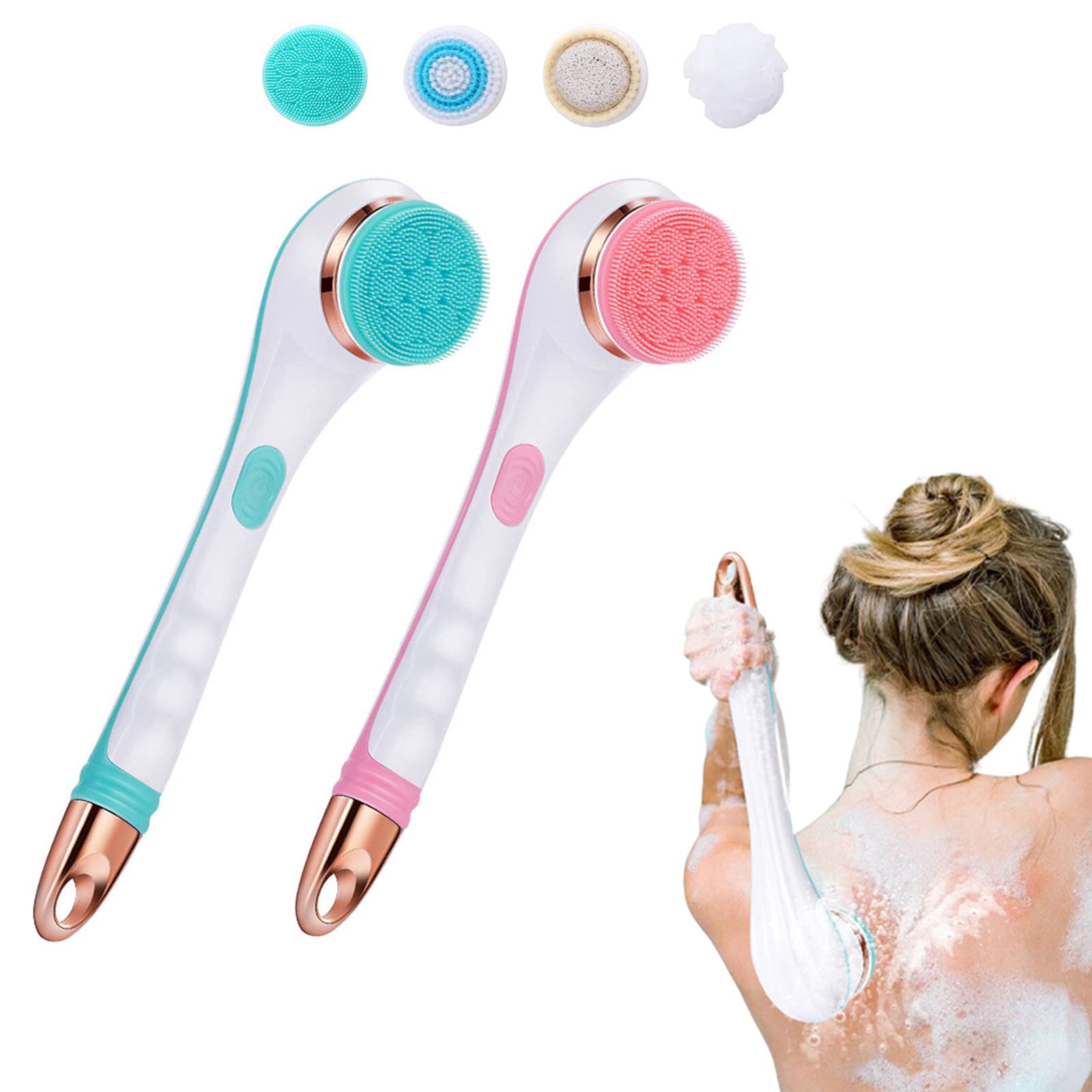 USB Rechargeable Electric Body Brush for Shower - 4-in-1 Silicone Back Scrubber with Long Handle, Exfoliating & Massage Brush for Deep Cleansing (Blue) | Perfect for Spa Days, Sensitive Skin Care & Hard-to-Reach Areas