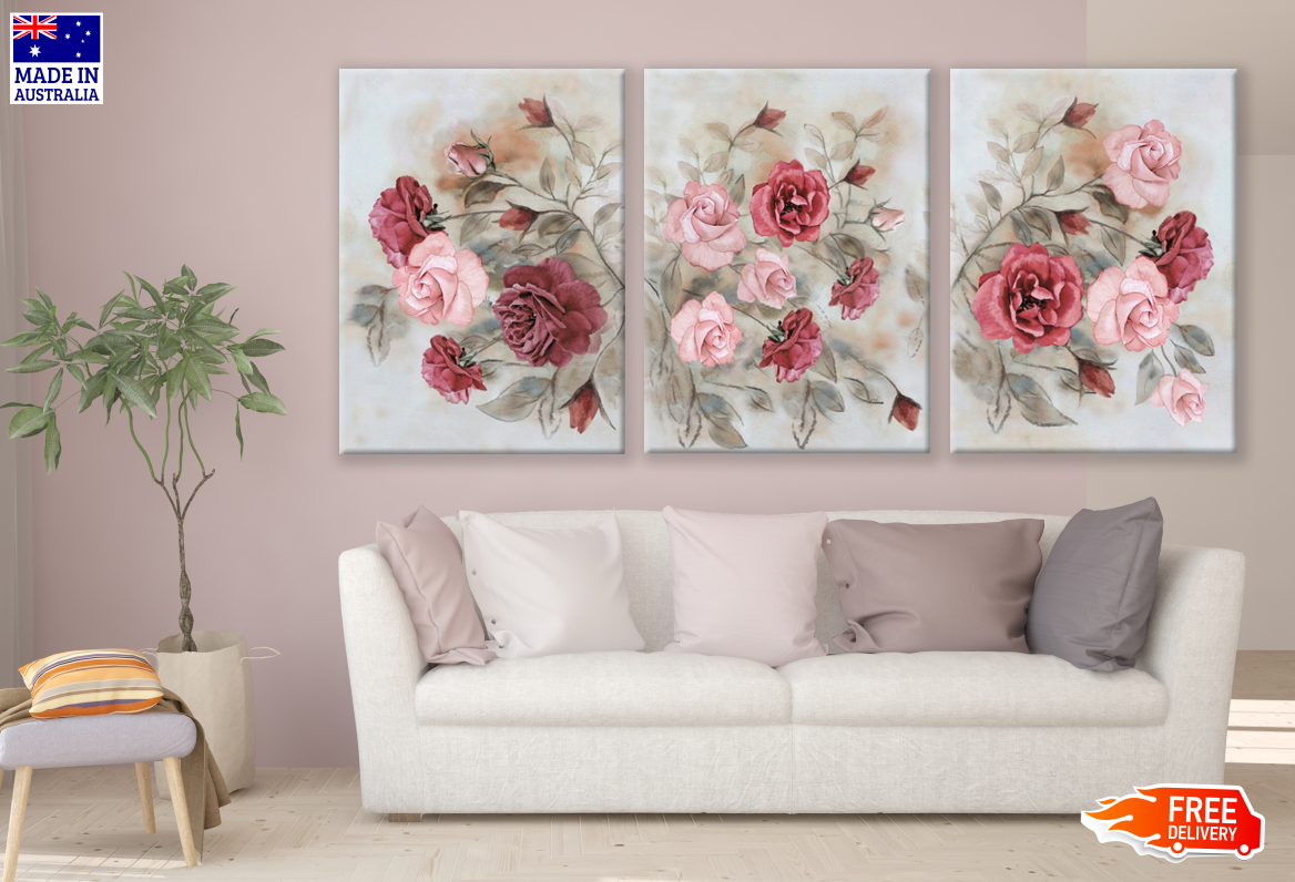 3-Piece Pink Red Floral Art Canvas Prints - High Quality 100% Australian Made Wall Decor - Ready to Hang for Living Room, Bedroom & Office Decoration