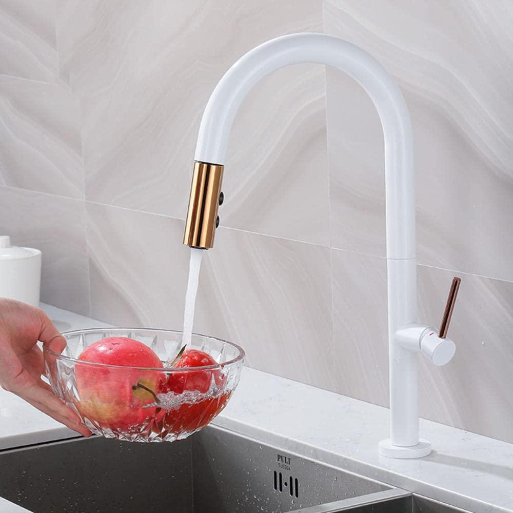 Premium Brass Pull-Out Kitchen Faucet with Dual Spray Modes - Hot & Cold Water Mixer, 360° Swivel Spout - White | Perfect for Modern Kitchens, Dishwashing & Food Prep