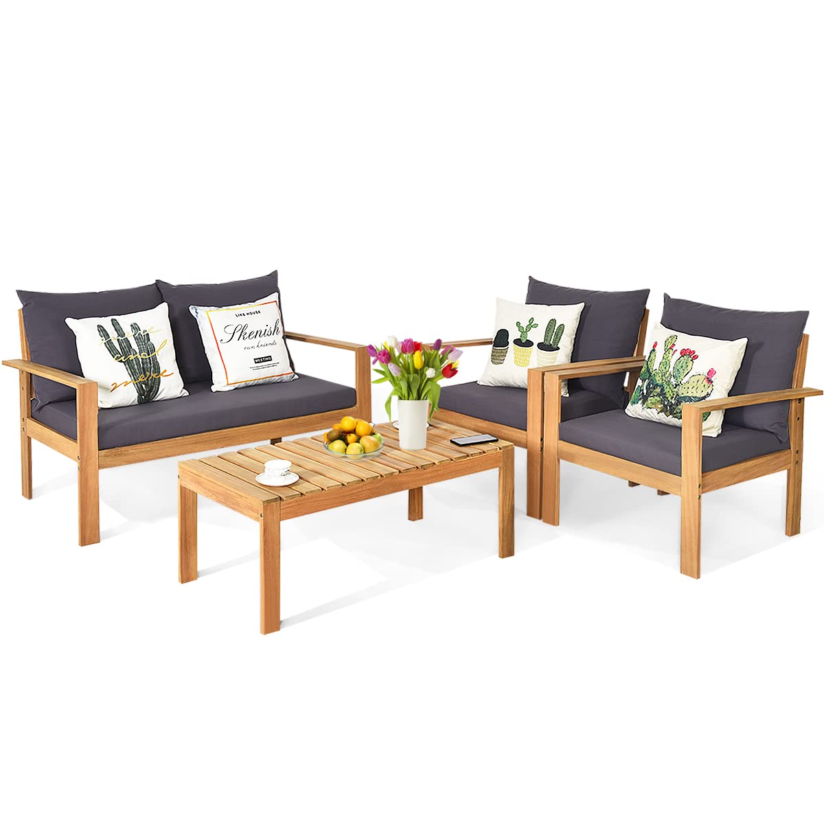 HAPPYGRILL 4-Piece Acacia Wood Outdoor Patio Furniture Set - Wooden Sofa, Chairs & Coffee Table with Cushions for Garden, Backyard, Poolside - Perfect for Relaxing, Entertaining & Outdoor Dining
