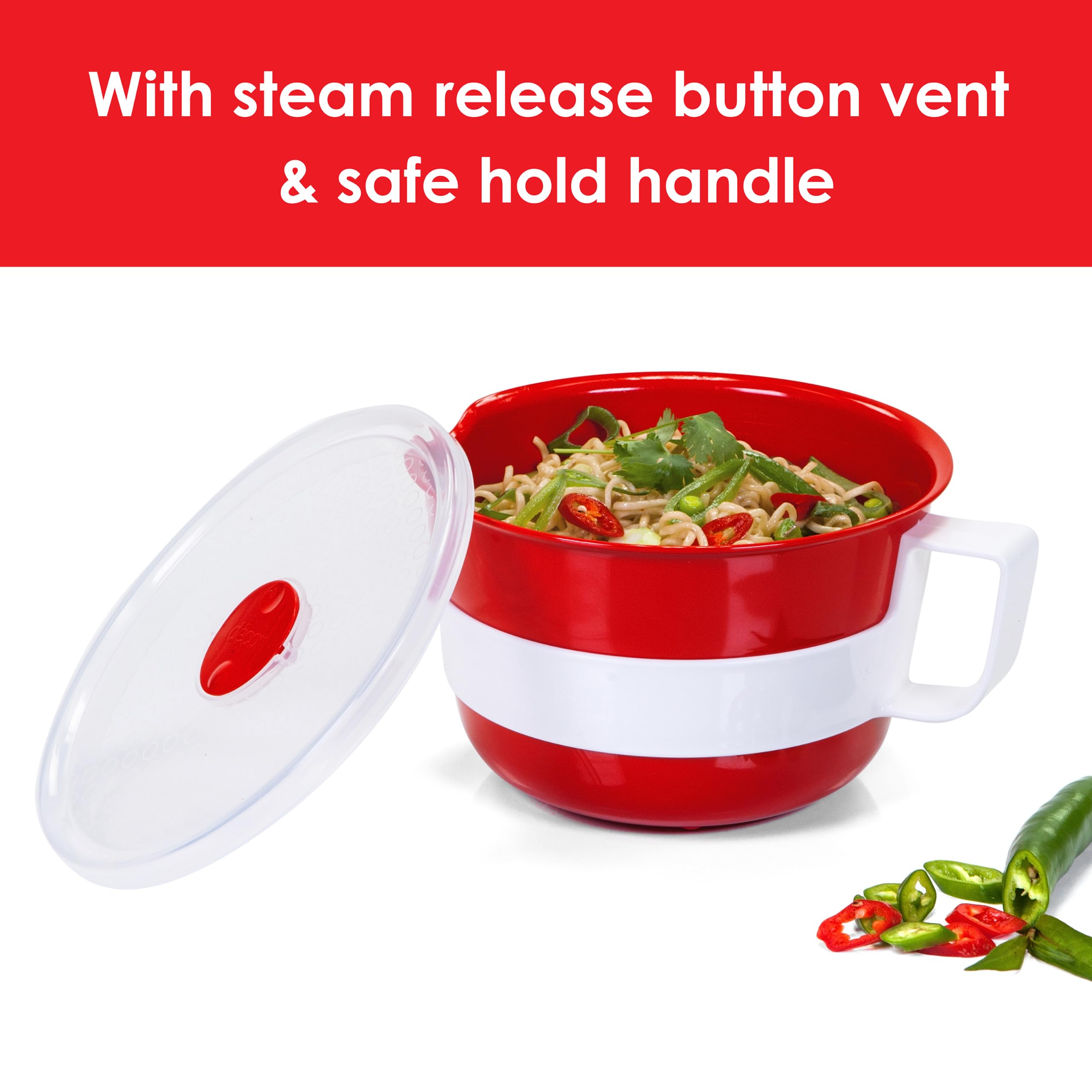Microwave Safe Soup Bowl - 1.15L Red EasyHeat Bowl for Noodles, Porridge & Hot Meals | BPA-Free, Splash-Proof Design | Perfect for Office Lunch, Dorm Meals & Quick Home Cooking