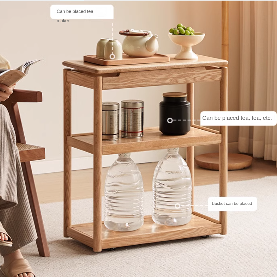 Solid Oak and Ash Wood Mobile Side Table - Portable End Table for Living Room, Bedroom, or Outdoor Use