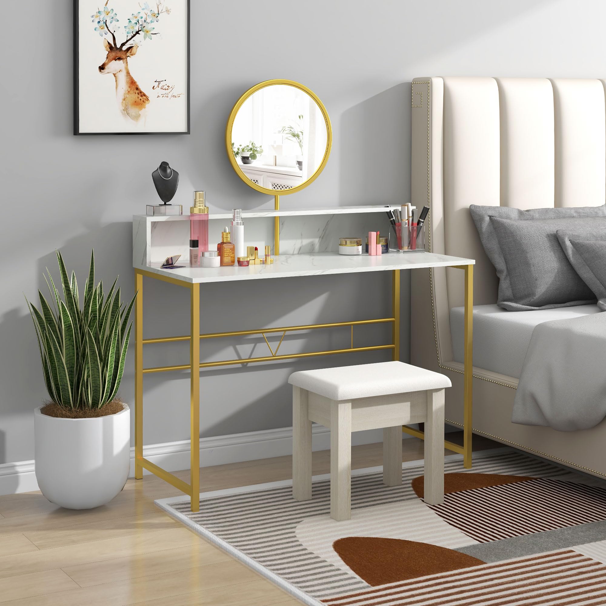 Modern Vanity Makeup Desk with Mirror - White & Gold Dressing Table with Open Storage, Faux Marble Finish & Steel Frame for Bedroom | Perfect for Makeup Organization, Beauty Routine & Small Space Decor