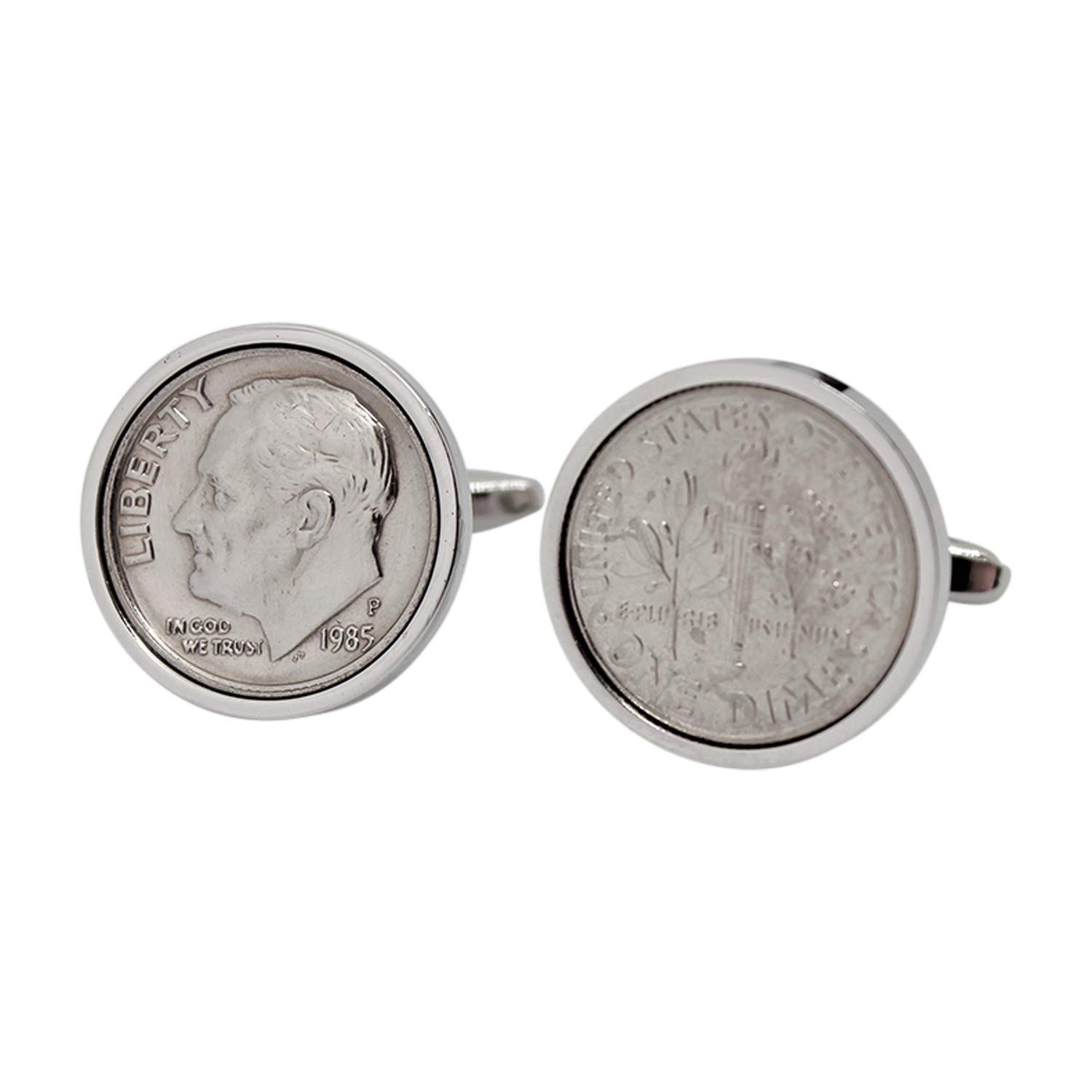 Vintage 1985 Dime Coin Cufflinks - Rhodium Plated Elegant Dress Shirt Accessories - Perfect 1985 Birthday Gift for Men, Anniversary Present & Formal Occasions