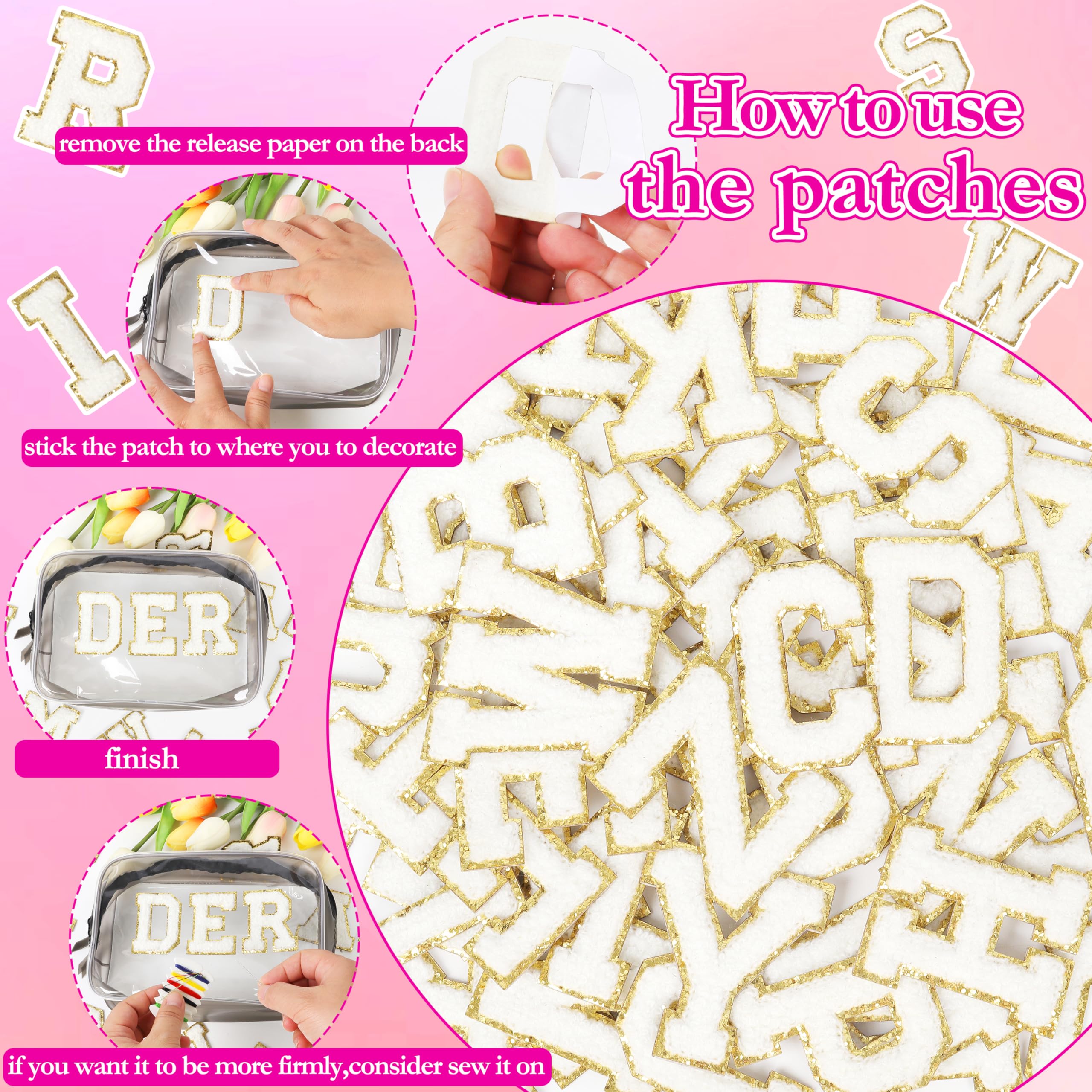 Self-Adhesive Chenille Letters Patches - 104PCS White Iron-On for Clothing & Backpacks | DIY Fashion & School Accessories