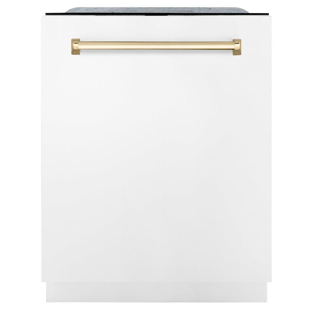 ZLINE Autograph Edition 24 Inch Monument Series 3rd Rack Dishwasher - White Matte with Polished Gold Handle, Ultra Quiet 45dBa, Top Touch Control, Tall Tub Design | Perfect for Modern Kitchens, Small Spaces & Entertaining Guests (Model DWMTZ WM 24 G)