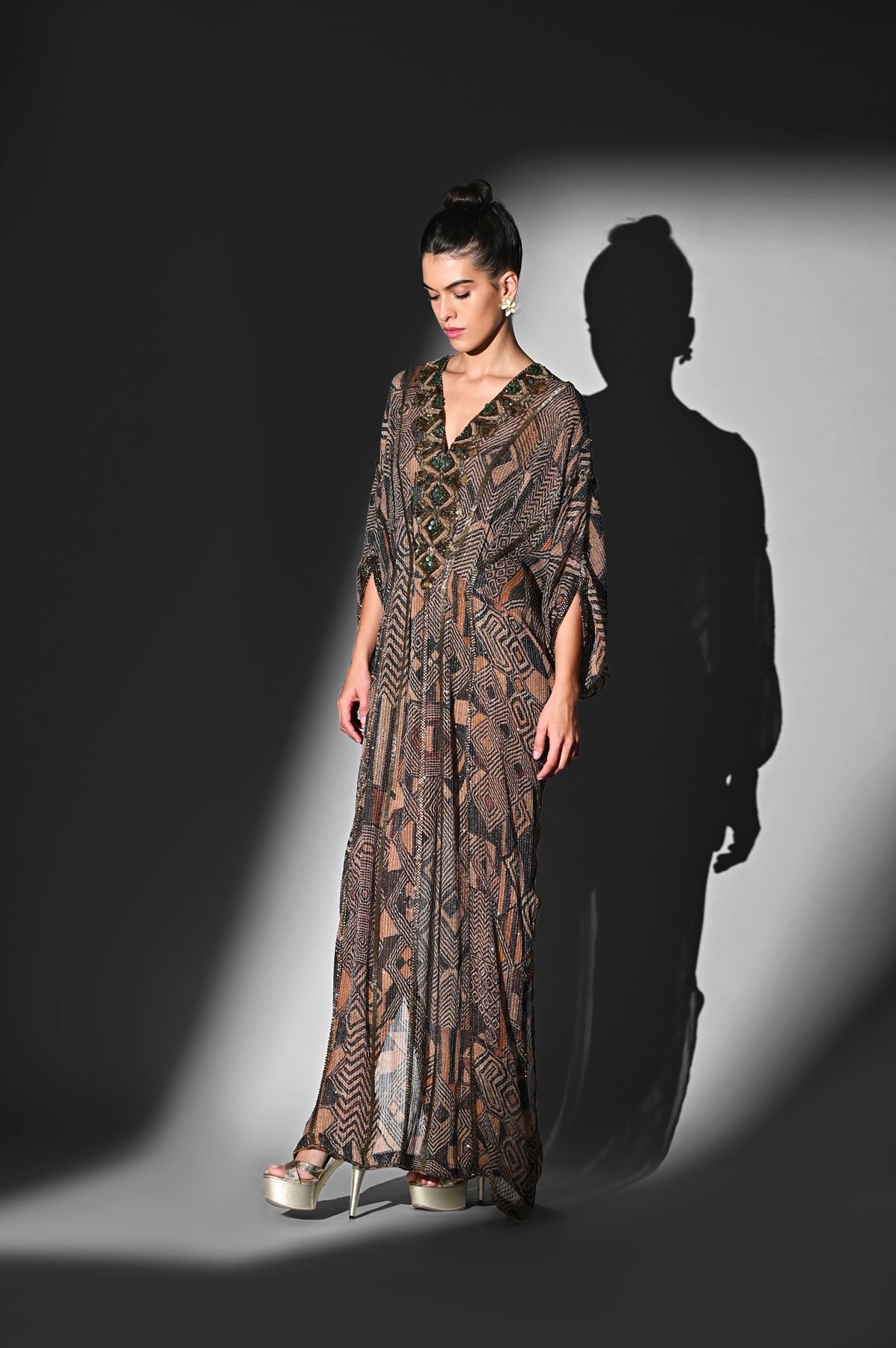 Elegant Brown Geometric Print Kaftan with Baroque Hand Embroidery - Perfect for Beach Cover-Up, Boho Chic Outfits & Summer Vacation Wear