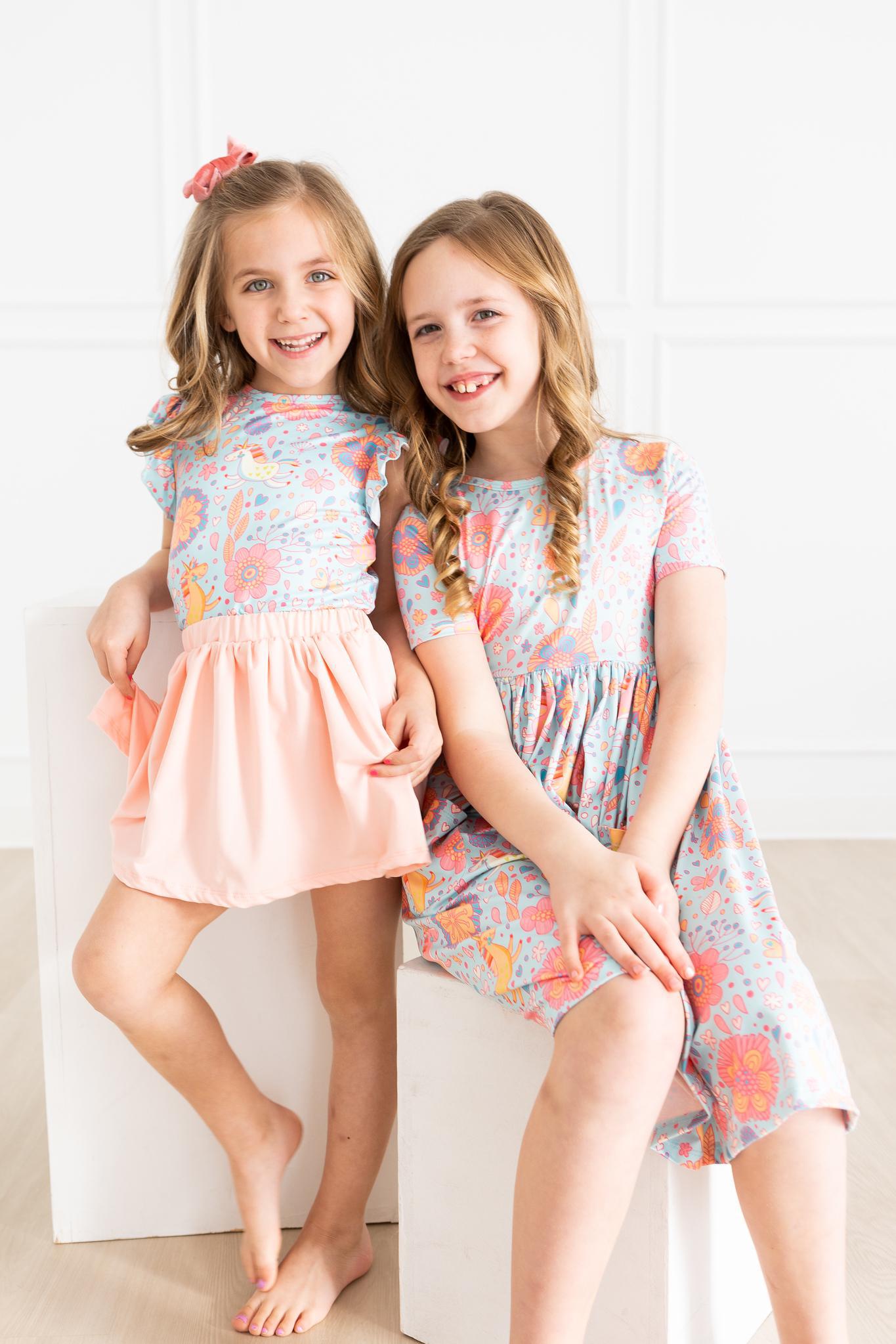 Blue Retro Unicorns Short Sleeve Pocket Twirl Dress for Girls - Perfect for Birthday Parties, Tea Time & Photo Shoots