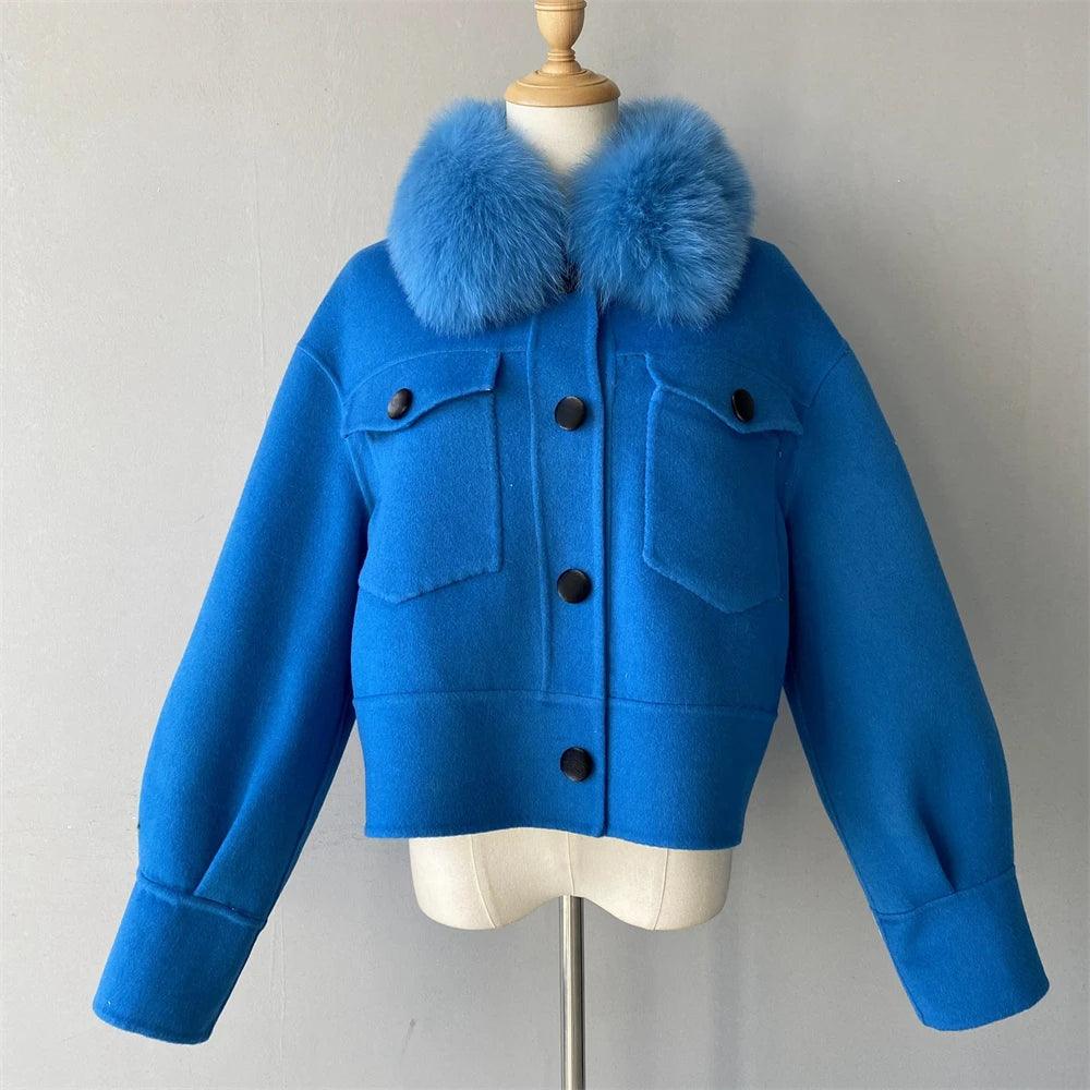 Luxury Women's Cashmere Wool Coat with Real Fur Collar - Winter Cropped Jacket, Full Sleeves & Pockets - Streetwear Outerwear for Cold Weather & Fashion Outings