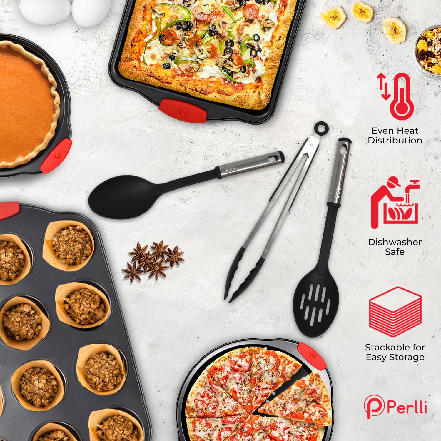 PERLLI Non-Stick 17-Piece Baking Pan Set - BPA-Free Carbon Steel Bakeware with Silicone Handles, Stackable Oven Safe Cookie Sheet & Baking Tray Set (446°F) - Perfect for Cookies, Cakes, Bread & Roasting Vegetables