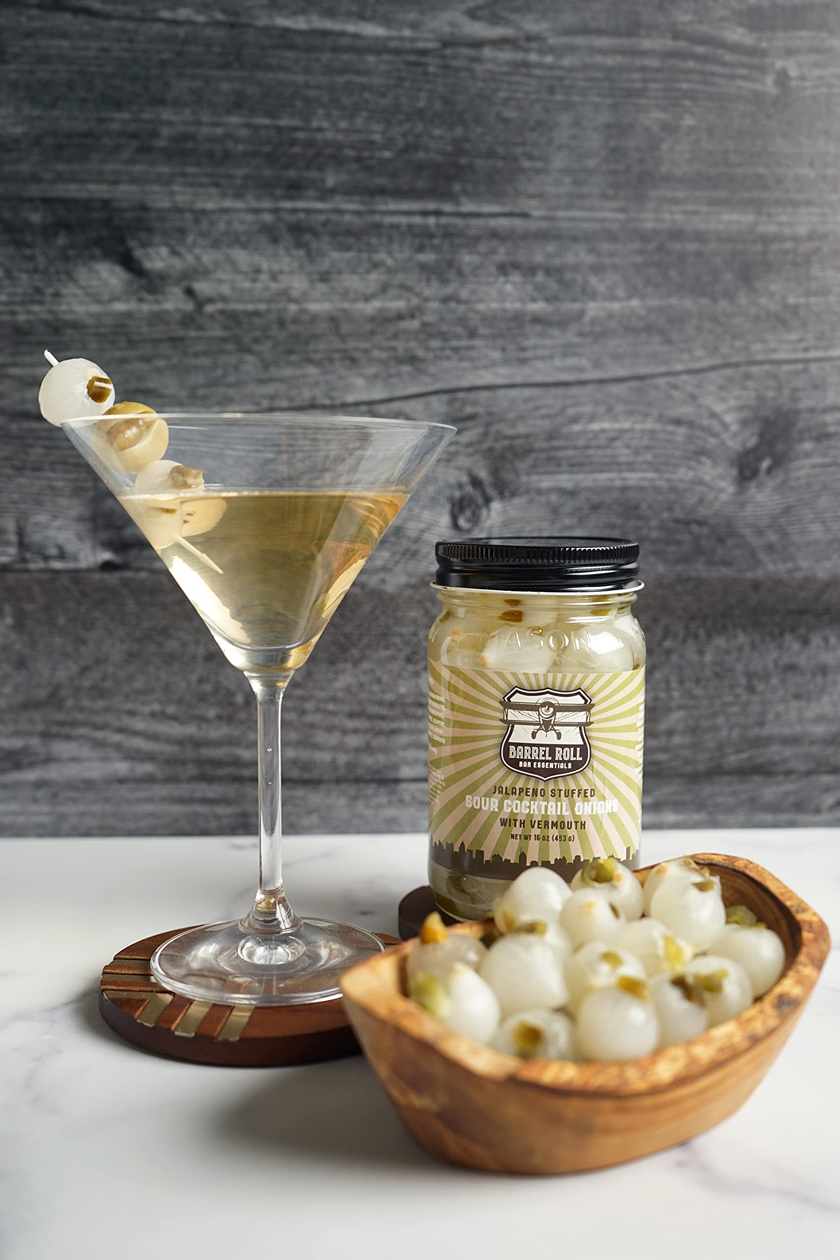 Barrel Roll Bar Essentials Jalapeño Stuffed Cocktail Onions - Gourmet Pickled Silver Skin Onions in Vermouth & Salty Vinegar - Perfect for Gibson & Bloody Mary Garnish - 2 Pack (16 oz Each) - Ideal for Home Bars, Cocktail Parties & Gourmet Cooking