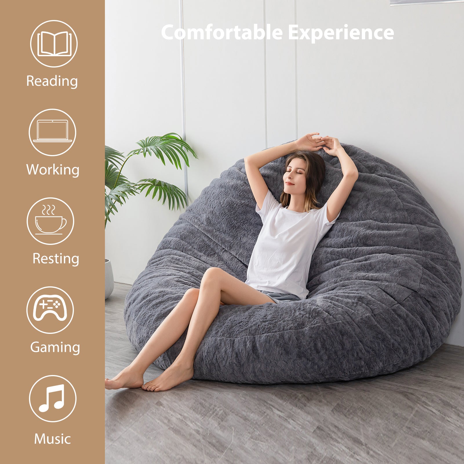 MAXYOYO Giant Fur Bean Bag Chair - Round Fluffy Bean Bag for Adults & Teens, Dark Grey - Perfect for Living Room, Bedroom, Game Room & Dorm Decor