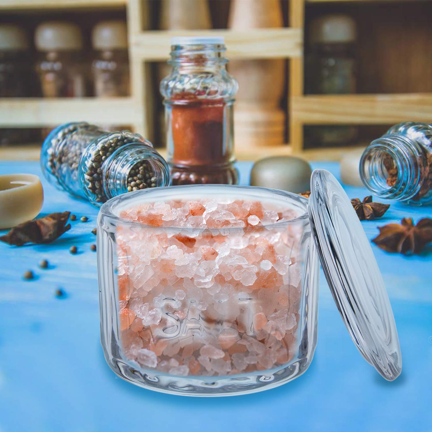 Nicunom 2 Pack Clear Glass Salt Cellar with Lid - Airtight Salt Storage Container, Retro Kitchen Decor, Perfect Wedding Gift (3.75