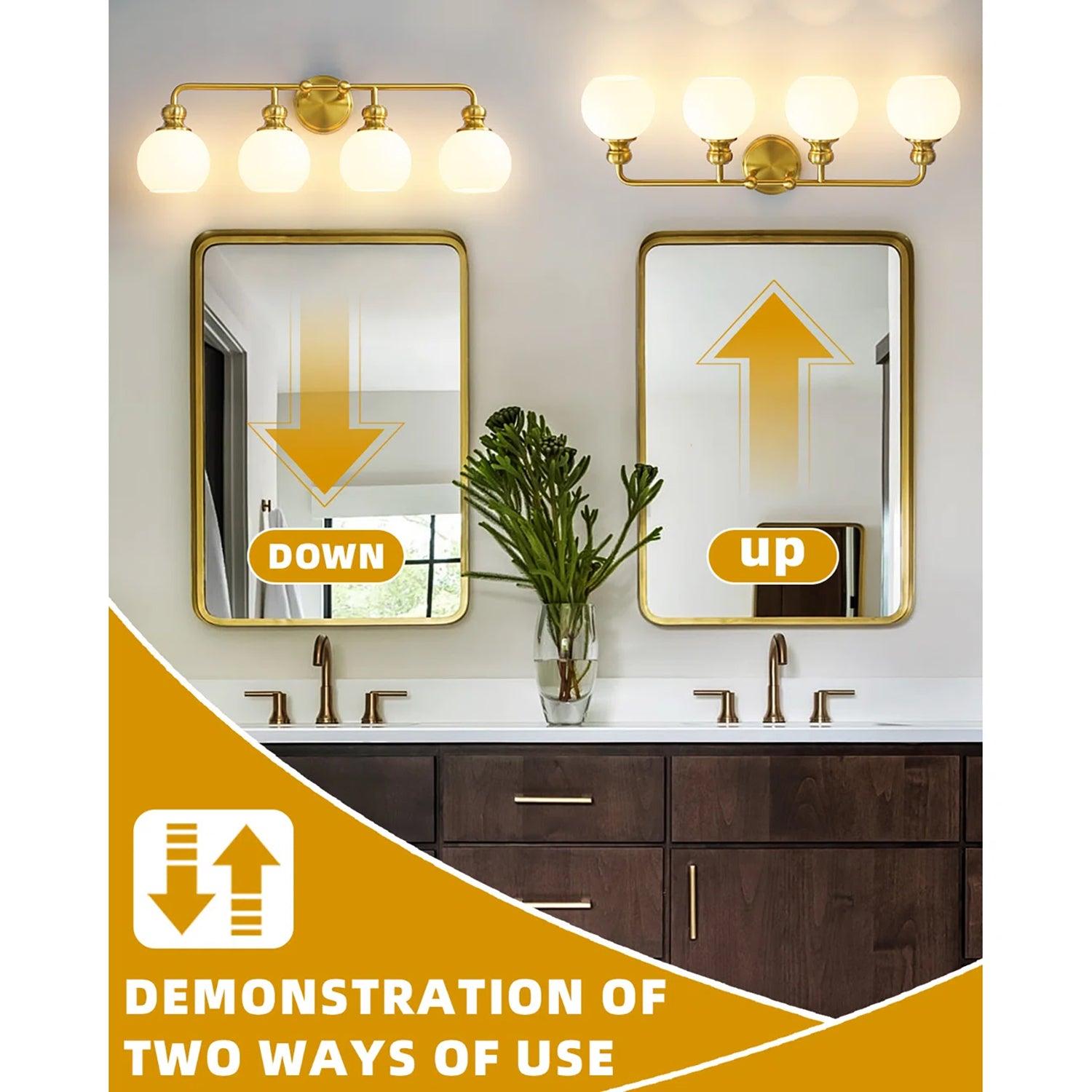 Modern Frosted Glass 4-Light Bathroom Vanity Light Fixture - Gold Finish for Contemporary Bathroom & Powder Room Lighting