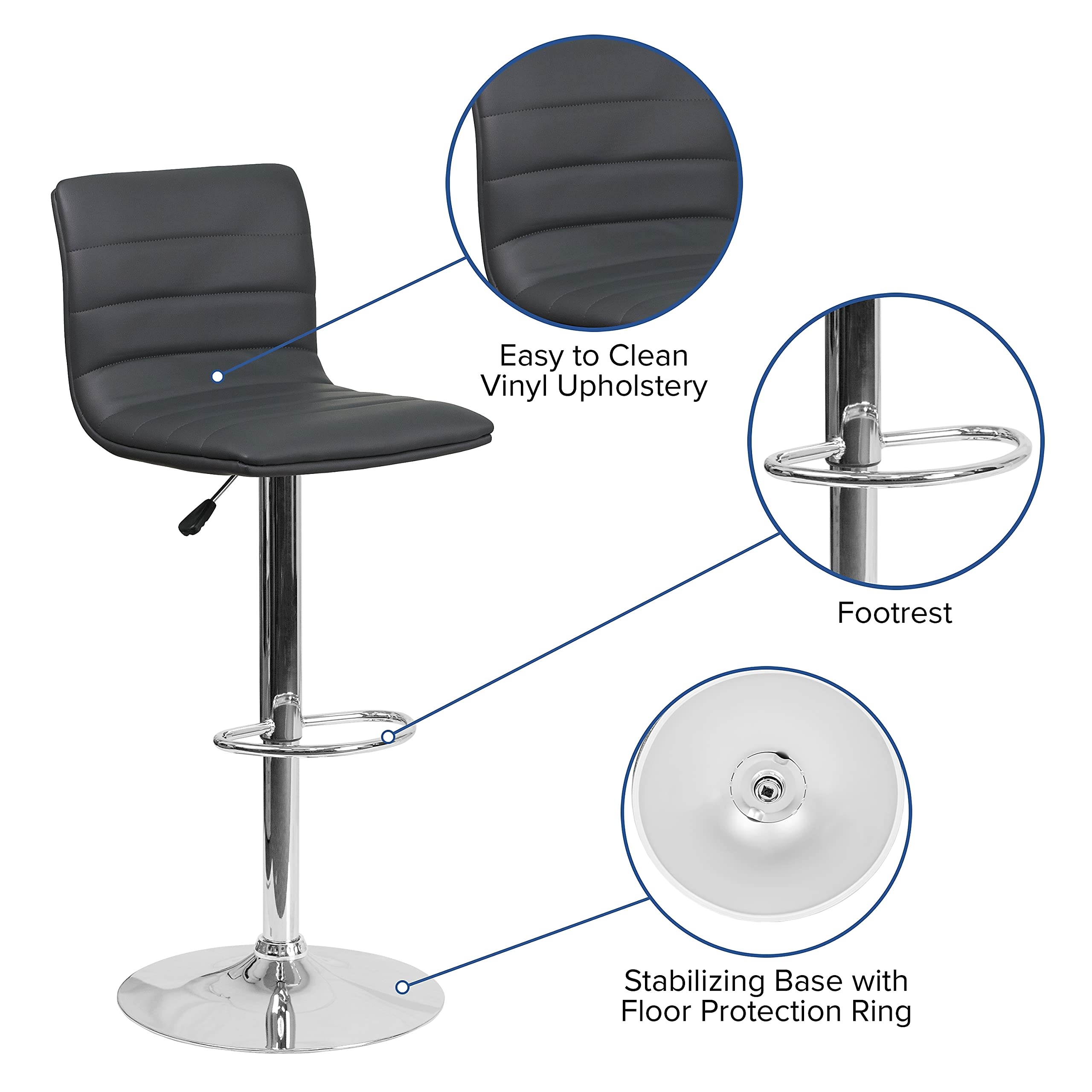 Flash Furniture Vincent 2-Pack Modern Gray Vinyl Adjustable Bar Stools with Back - Counter Height Swivel Stools with Chrome Pedestal Base - Perfect for Kitchen Islands, Home Bars & Game Rooms