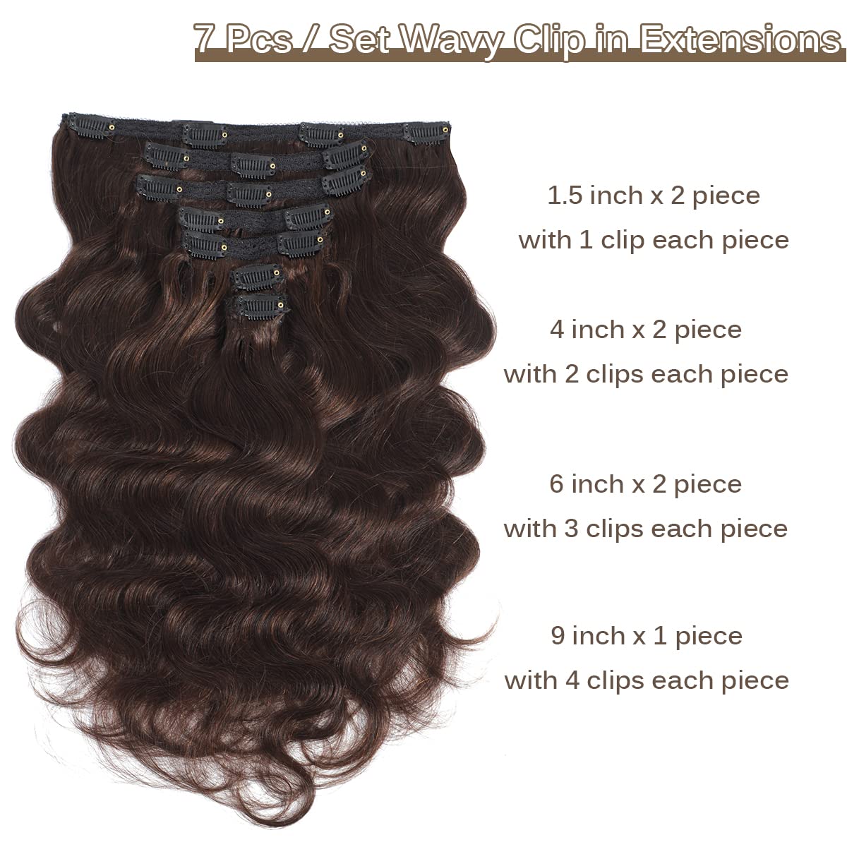 16 Inch Clip In Hair Extensions - 100% Real Human Hair for Black & White Women - Dark Brown Wavy Seamless Hair Wefts for Natural Look | Perfect for Daily Wear, Parties & Special Occasions