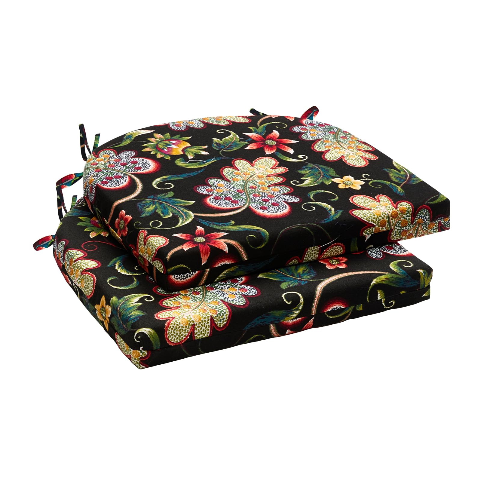 Outdoor Chair Cushions Set of 2 - Water Resistant 17x16x2 Inch Round Corner Patio Seat Cushions for Garden, Deck, Poolside - Black Floral Design - Perfect for Outdoor Furniture, Lounging & Relaxation