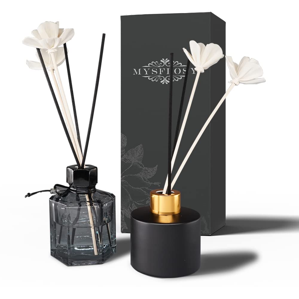 Premium Glass Reed Diffuser Bottles Set with Rattan Sticks & Sola Flowers - Empty Refillable Essential Oil Containers for Aromatherapy, DIY Home Fragrance Decor - Perfect for Living Room, Bedroom, Bathroom & Office - Multiple Styles (Black)