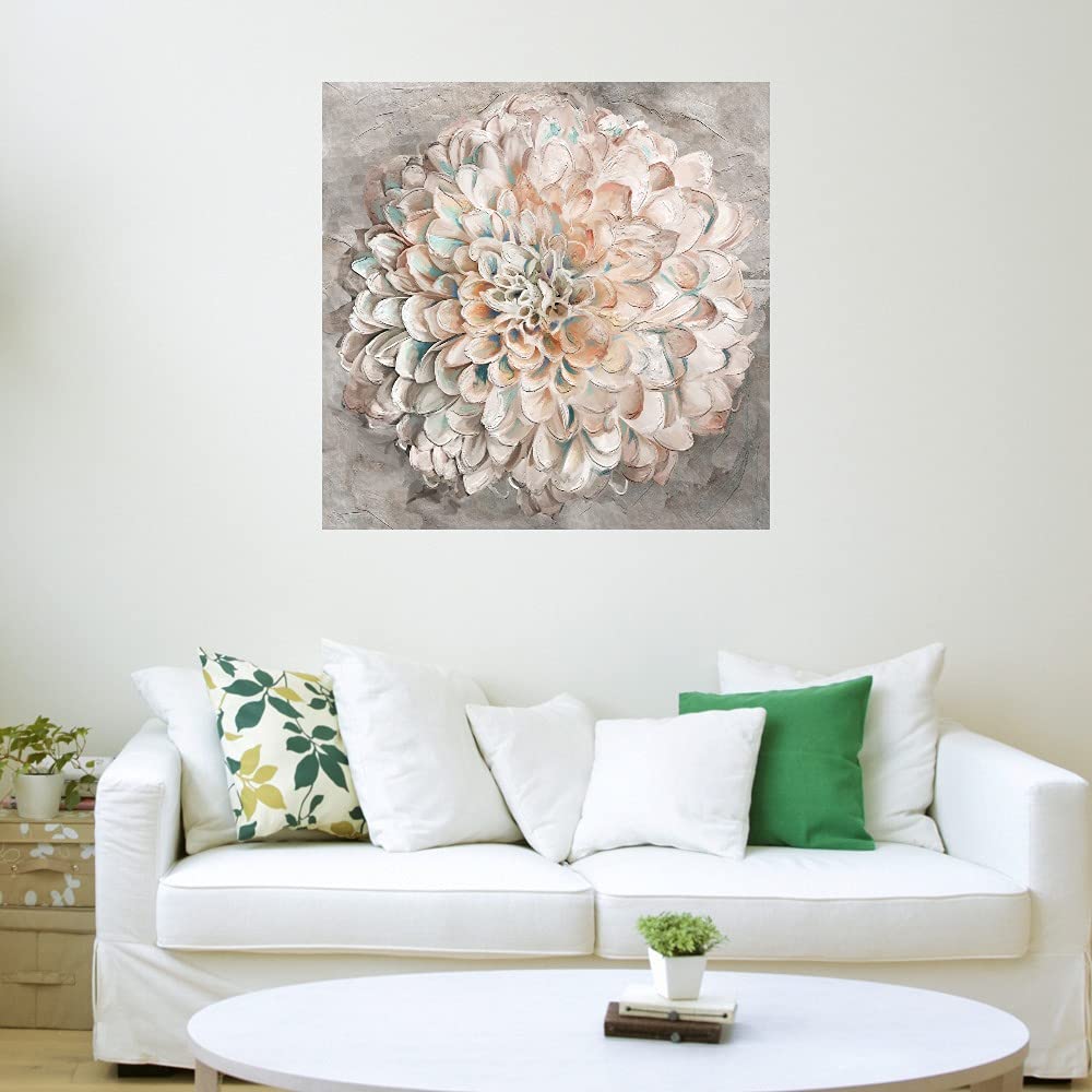 Confetti Dahlia Botanical Canvas Wall Art - 37x37 Inch Handmade Floral Painting for Bathroom & Bedroom Decor - Perfect for Home, Office, or Spa Interior Design
