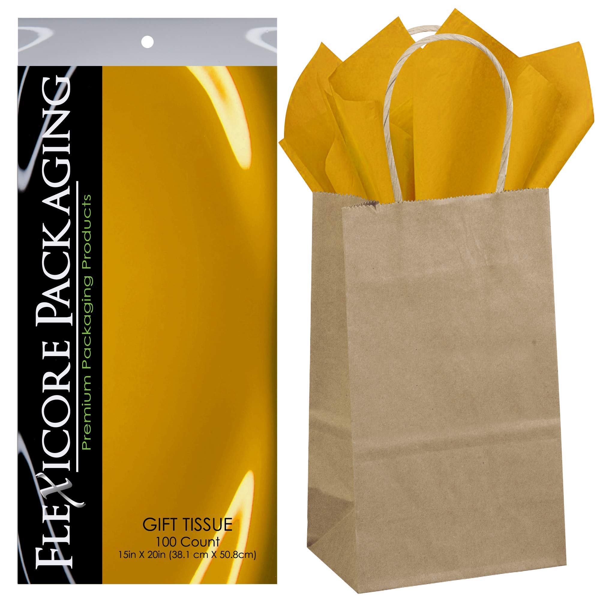 Flexicore Packaging® 50-Pack Natural Brown Kraft Paper Gift Bags with 100-Piece Antique Gold Tissue Paper Set - Perfect for Birthday, Wedding & Holiday Gift Wrapping