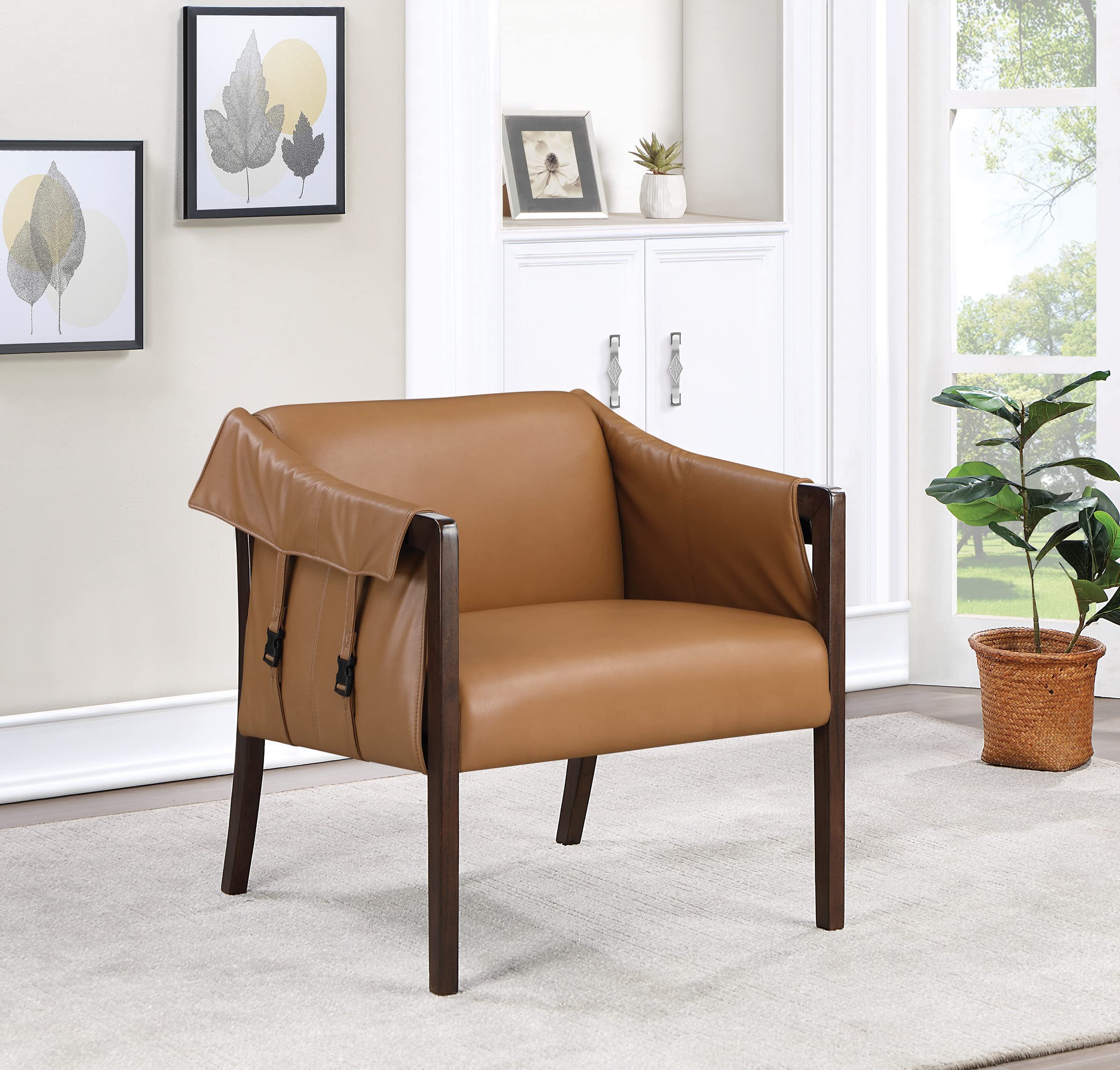 OSP Parkfield Faux Leather Accent Chair - Sling Buckle Design, Solid Hardwood Frame, Camel Brown - Perfect for Living Room, Office or Reading Nook
