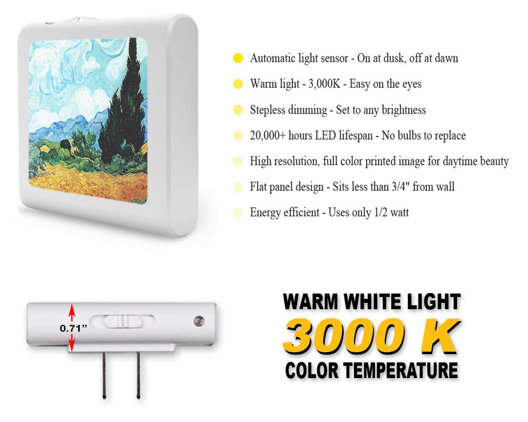 Dimmable LED Night Light with Auto On/Off Sensor - Adjustable Brightness & Warm White Light for Bathroom, Hallway, Bedroom - Van Gogh Yellow Wheat & Cypresses Design | Perfect for Nighttime Safety & Comfort