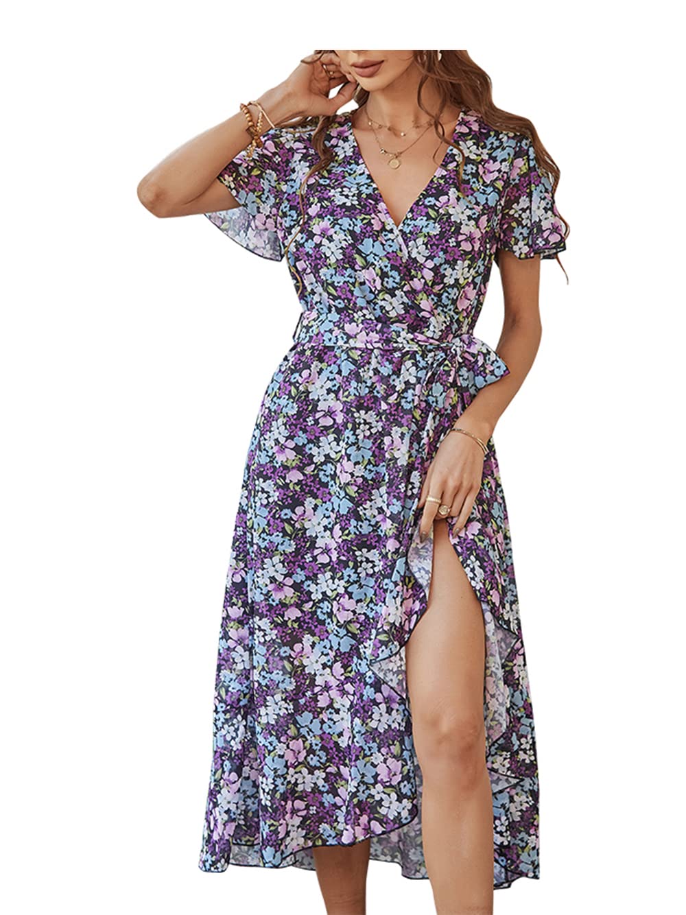 Women's Floral Summer Dress - V Neck Bohemian Short Sleeve Beach Maxi Dress | Perfect for Vacation, Beach Outings & Casual Wear