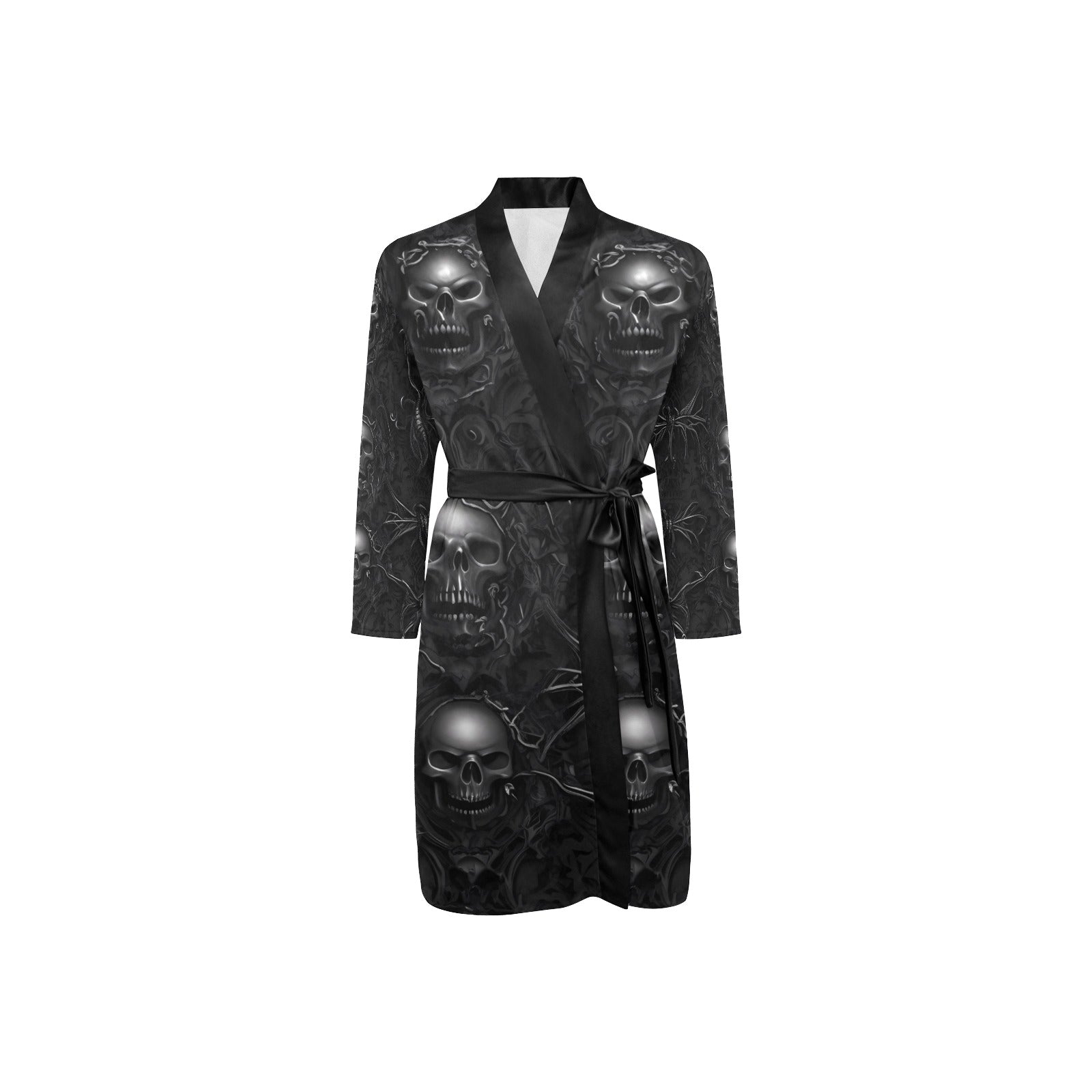 Gothic Skull Belted Night Robe for Women - Elegant Lace Trim Black Sleepwear - Perfect for Halloween, Gothic Parties & Cozy Nights