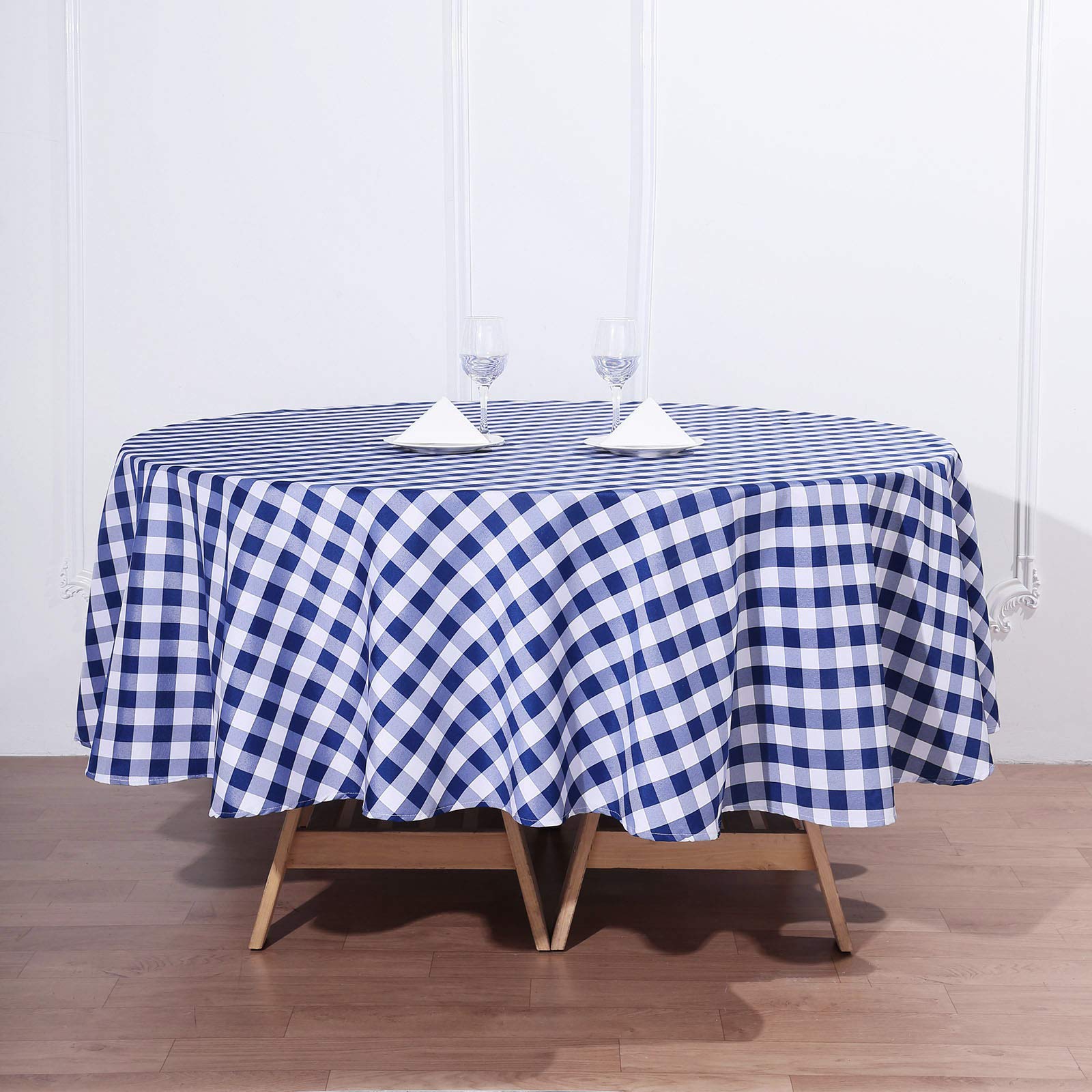 10-Pack Navy Blue Round Gingham Checkered Polyester Tablecloths (90 Inch) - Waterproof & Wrinkle-Resistant for Wedding, Party, Catering & Home Decor